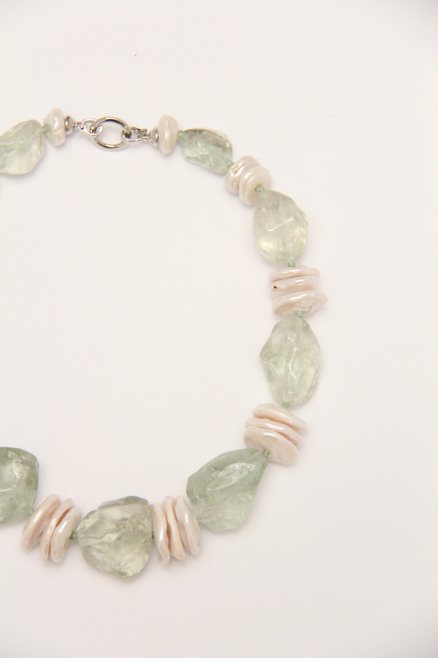 Necklace: pearls, prasem quartz