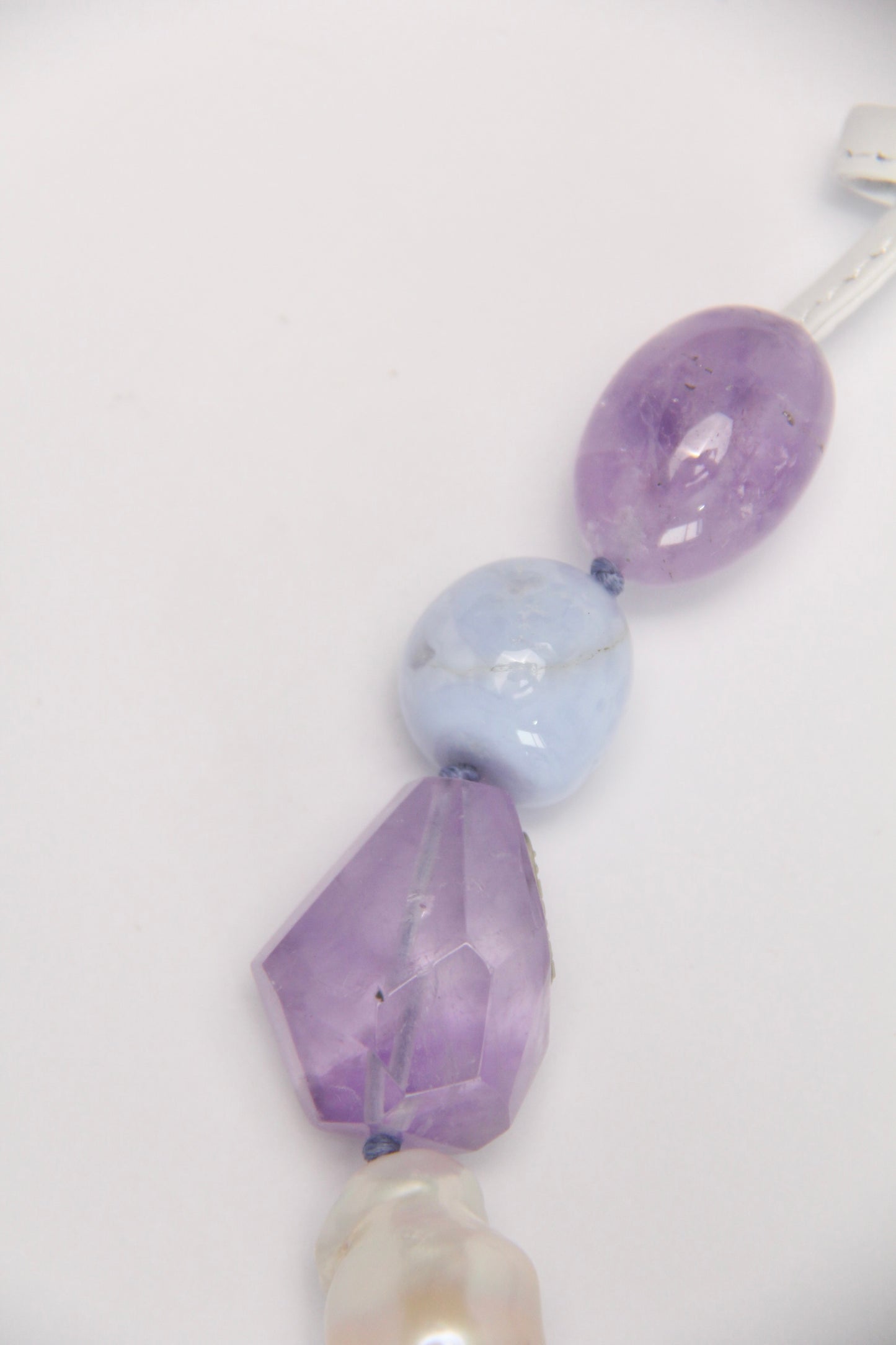 Necklace: blue lace agate, amethyst, pearls