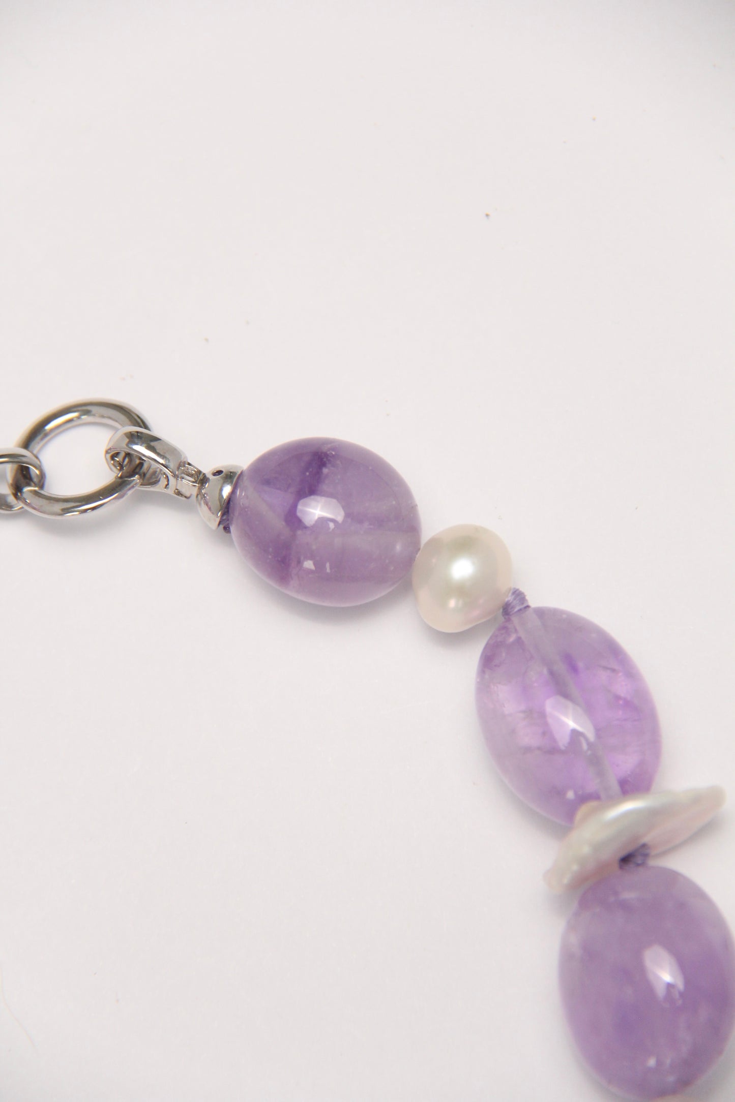 Necklace: amethyst, morganite, aquamarine, pearls