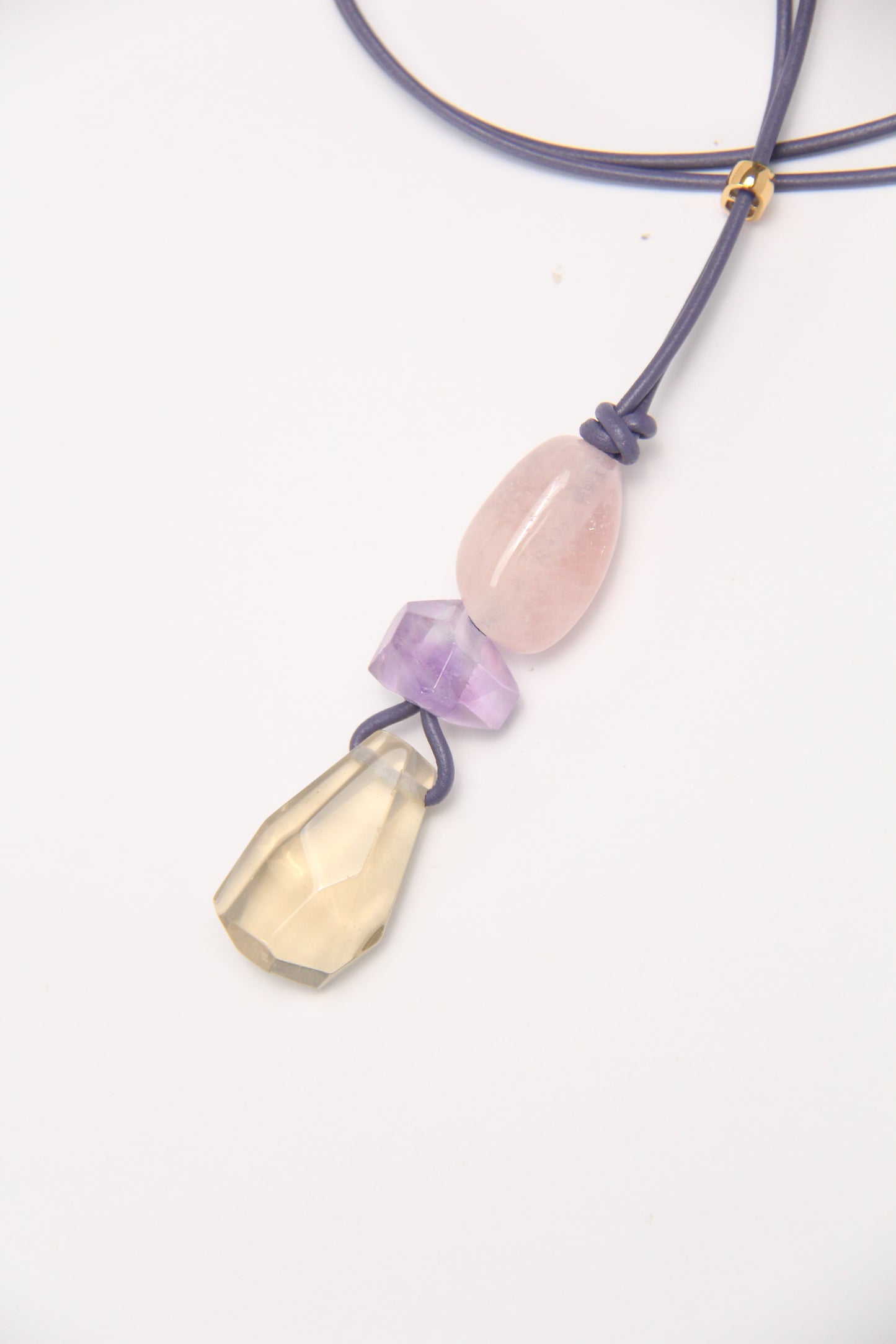 Pendant: morganite, amethyst, citrine, leather
