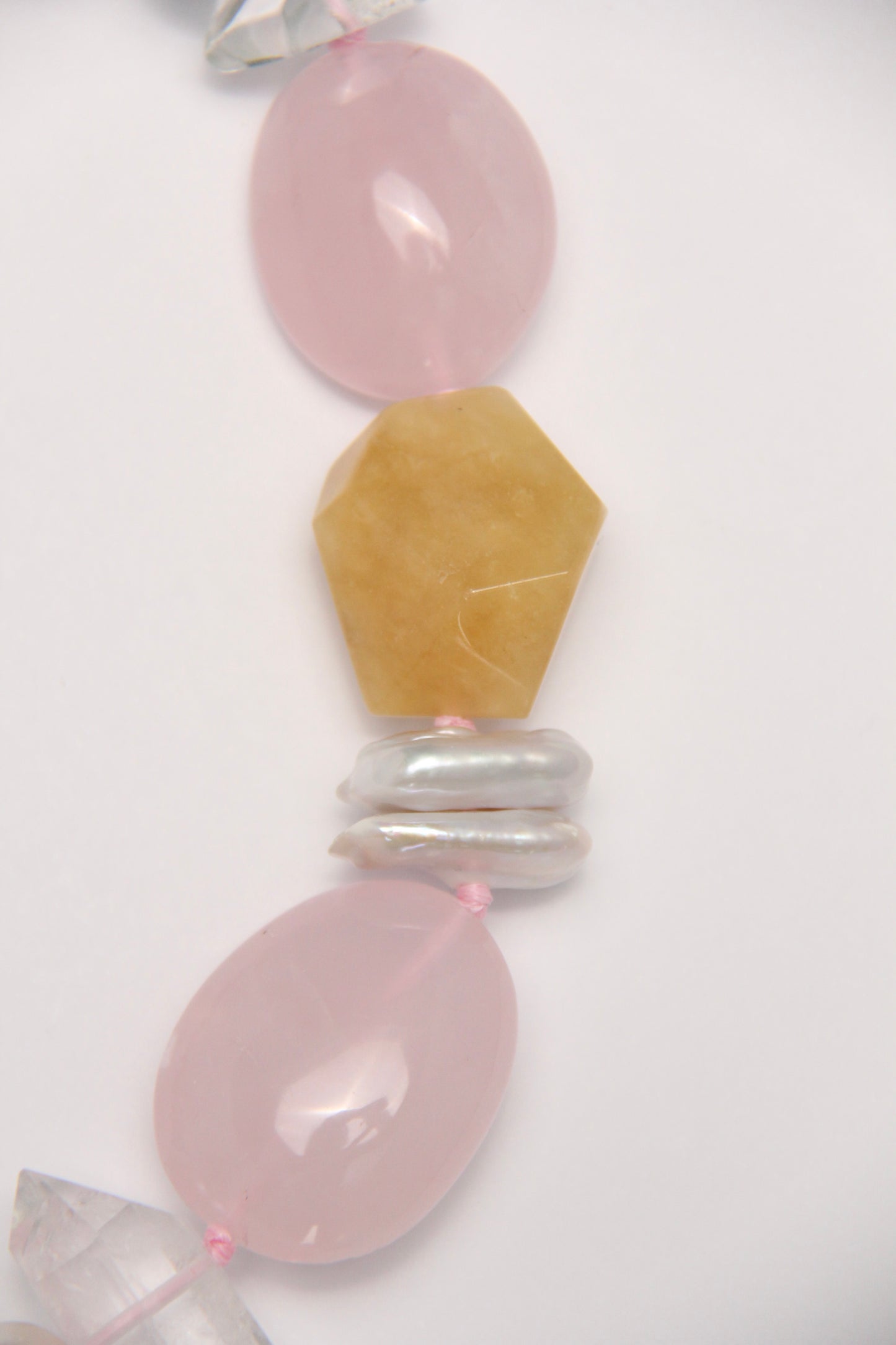 Necklace: rose quartz, aquamarine, pearls, morganite, phantom quartz