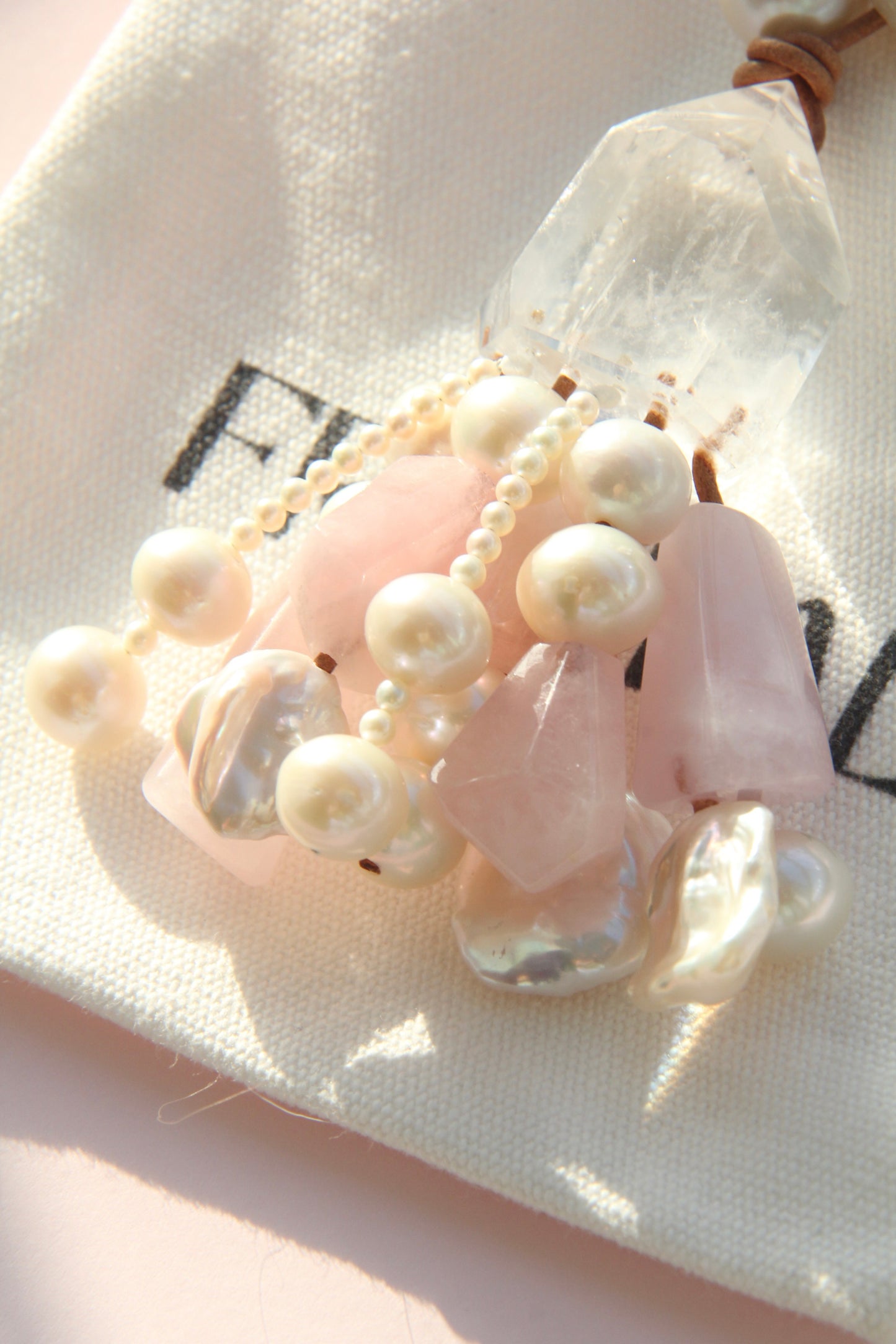 Pendant: quartz, pearls, morganite