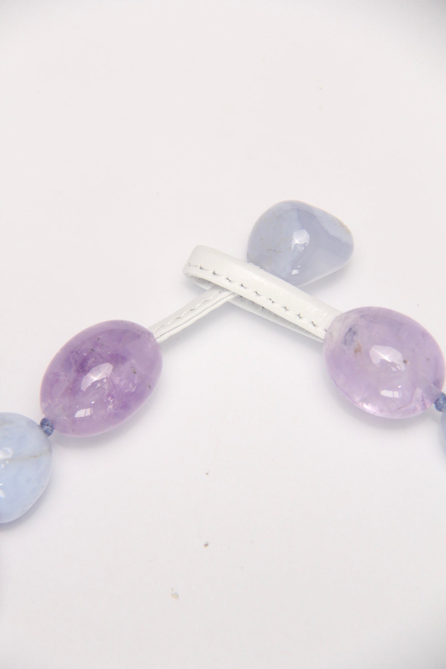 Necklace: blue lace agate, amethyst, pearls