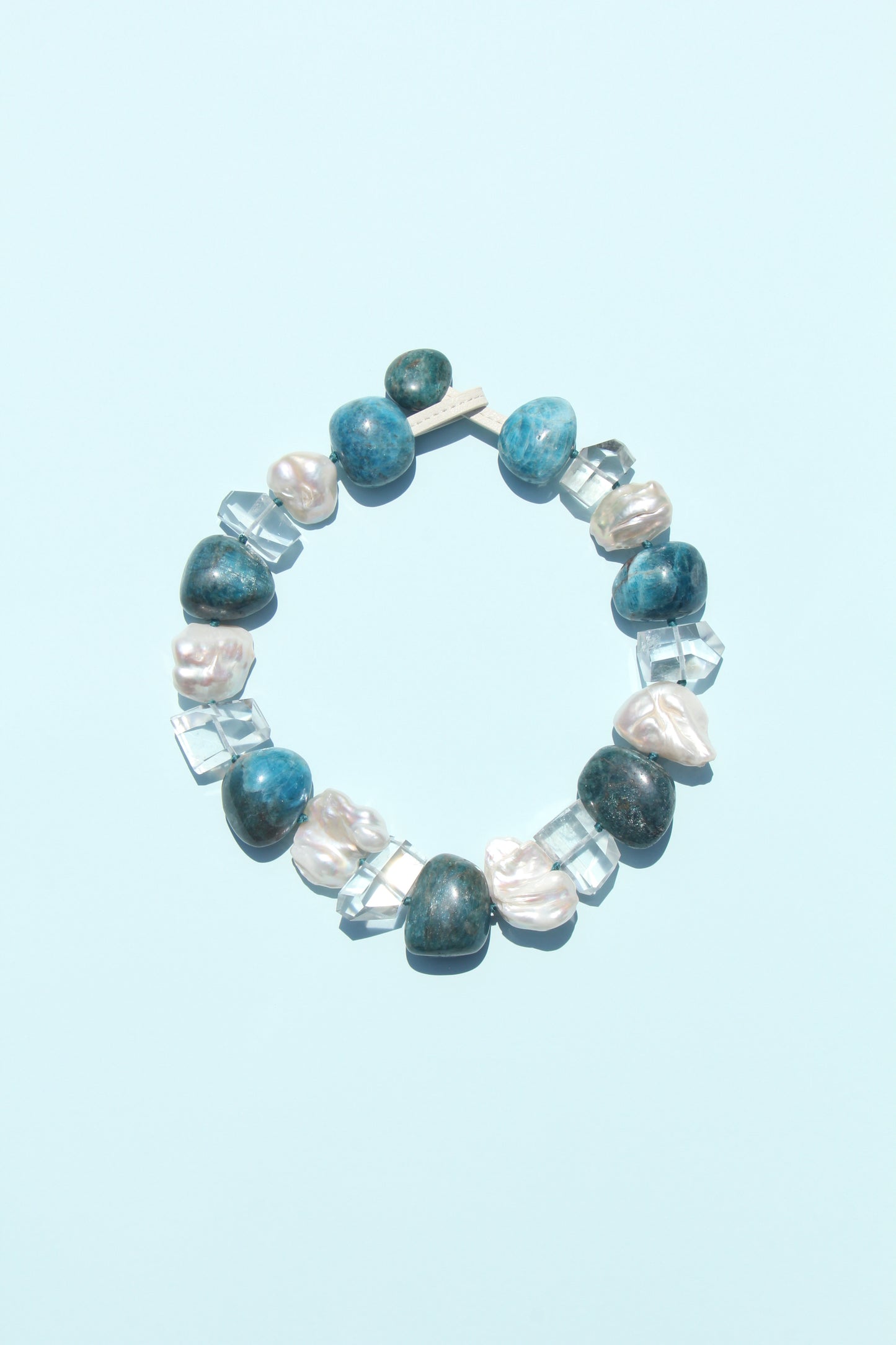 Necklace: blue apatite, quartz, pearls