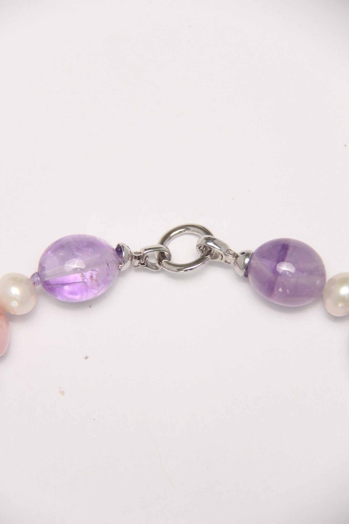 Necklace: amethyst, morganite, aquamarine, pearls