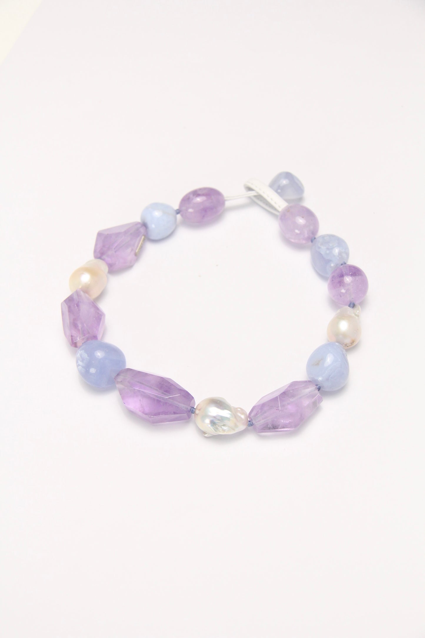 Necklace: blue lace agate, amethyst, pearls