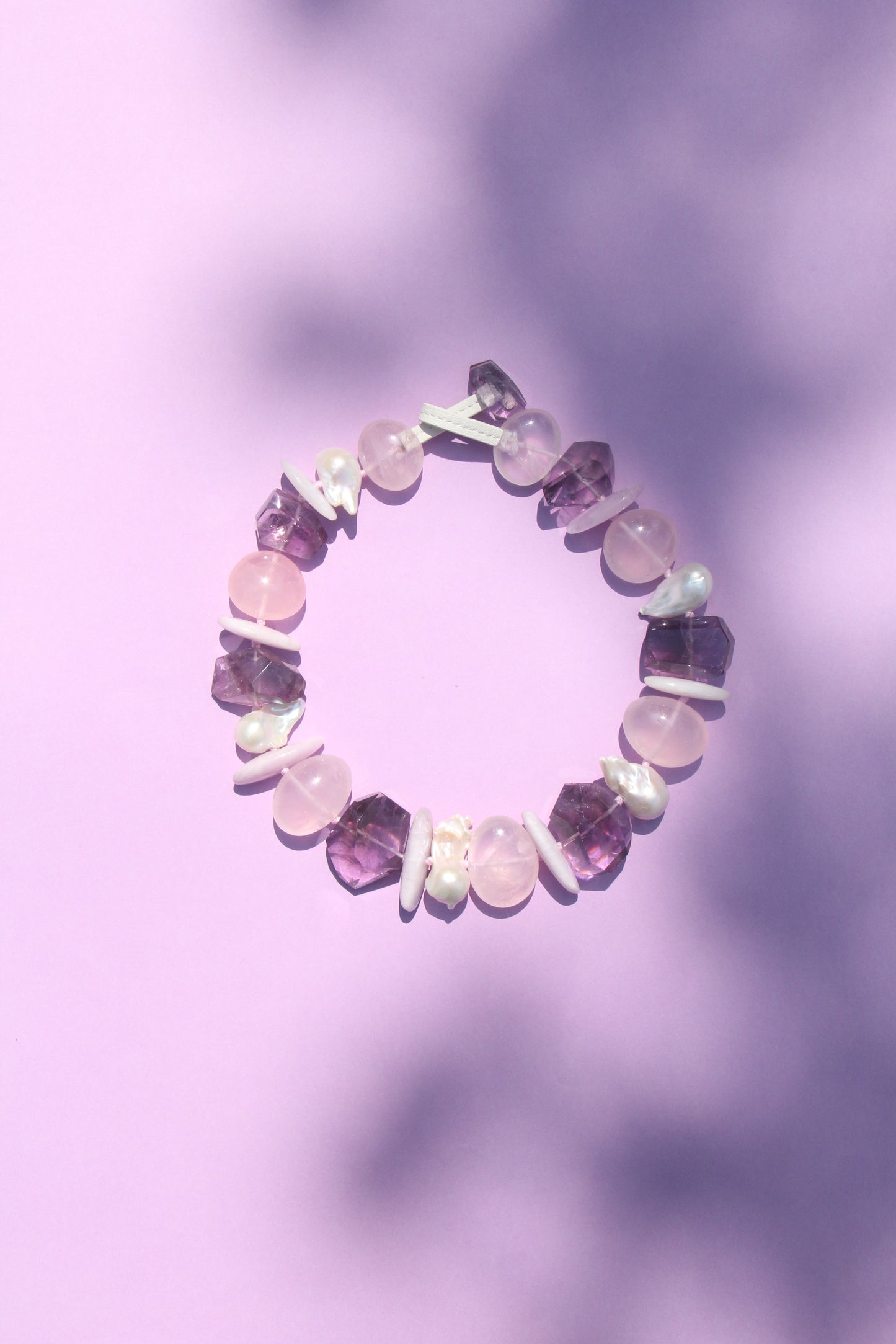 Necklace: amethyst, kunzite, rose quartz, pearls