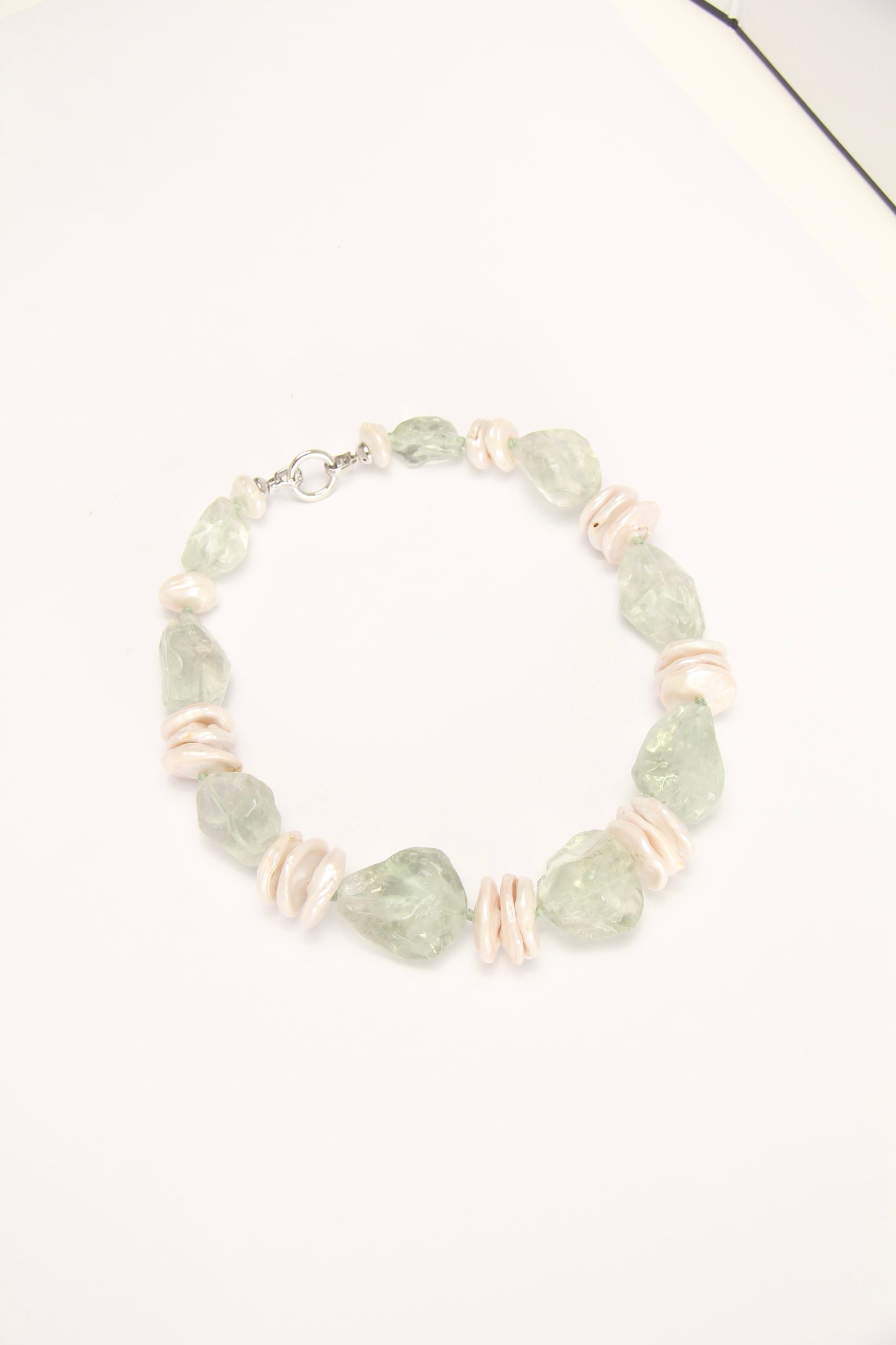 Necklace: pearls, prasem quartz