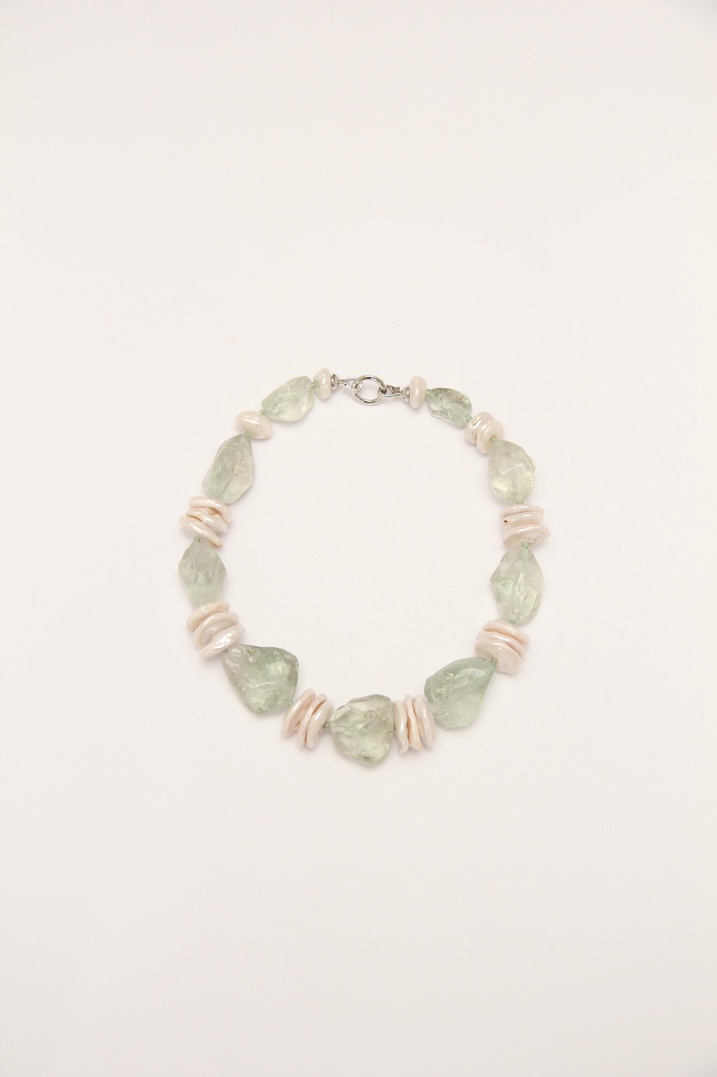 Necklace: pearls, prasem quartz