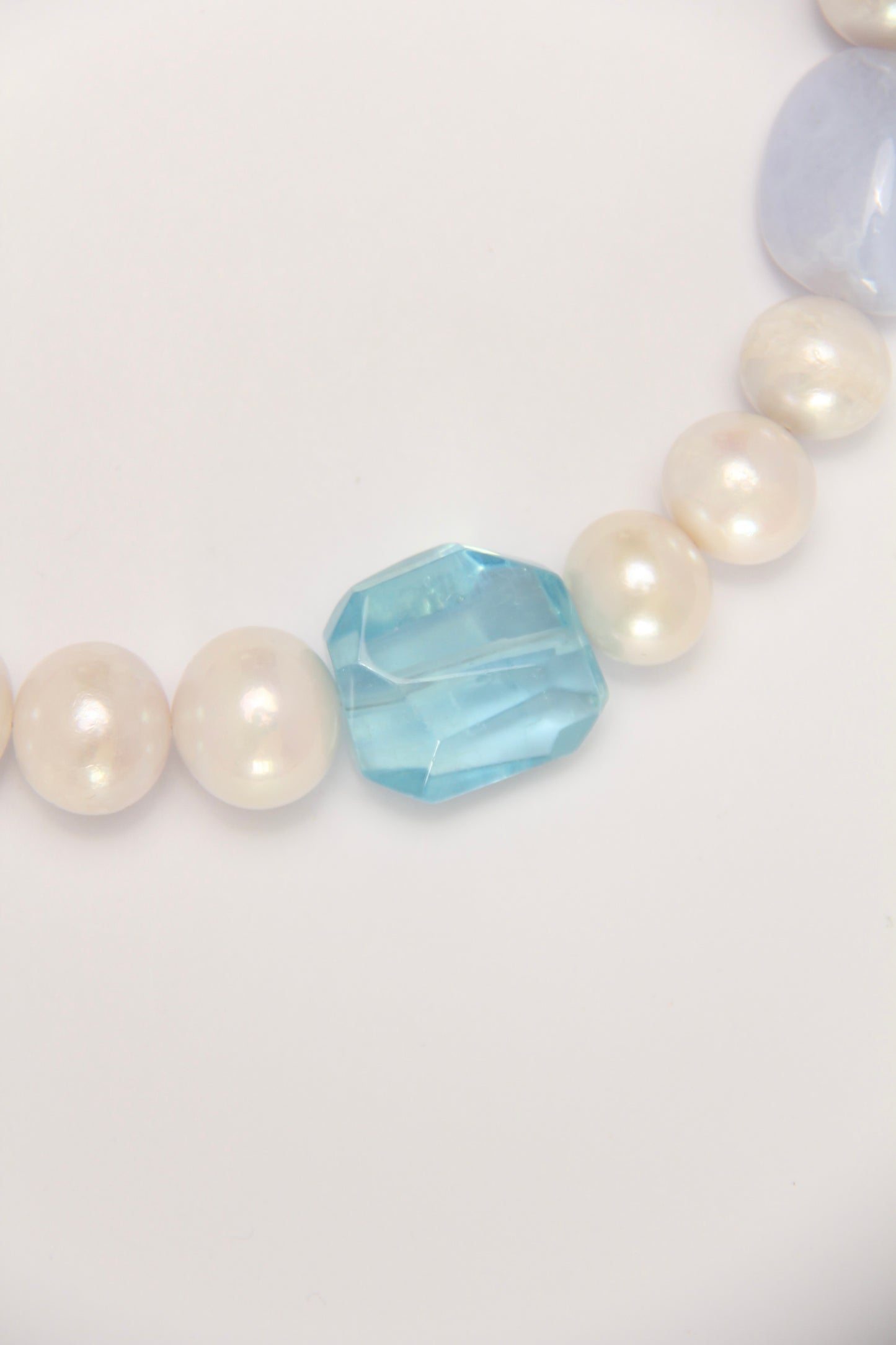 Necklace: pearls, aquamarine, blue lace agate, quartz