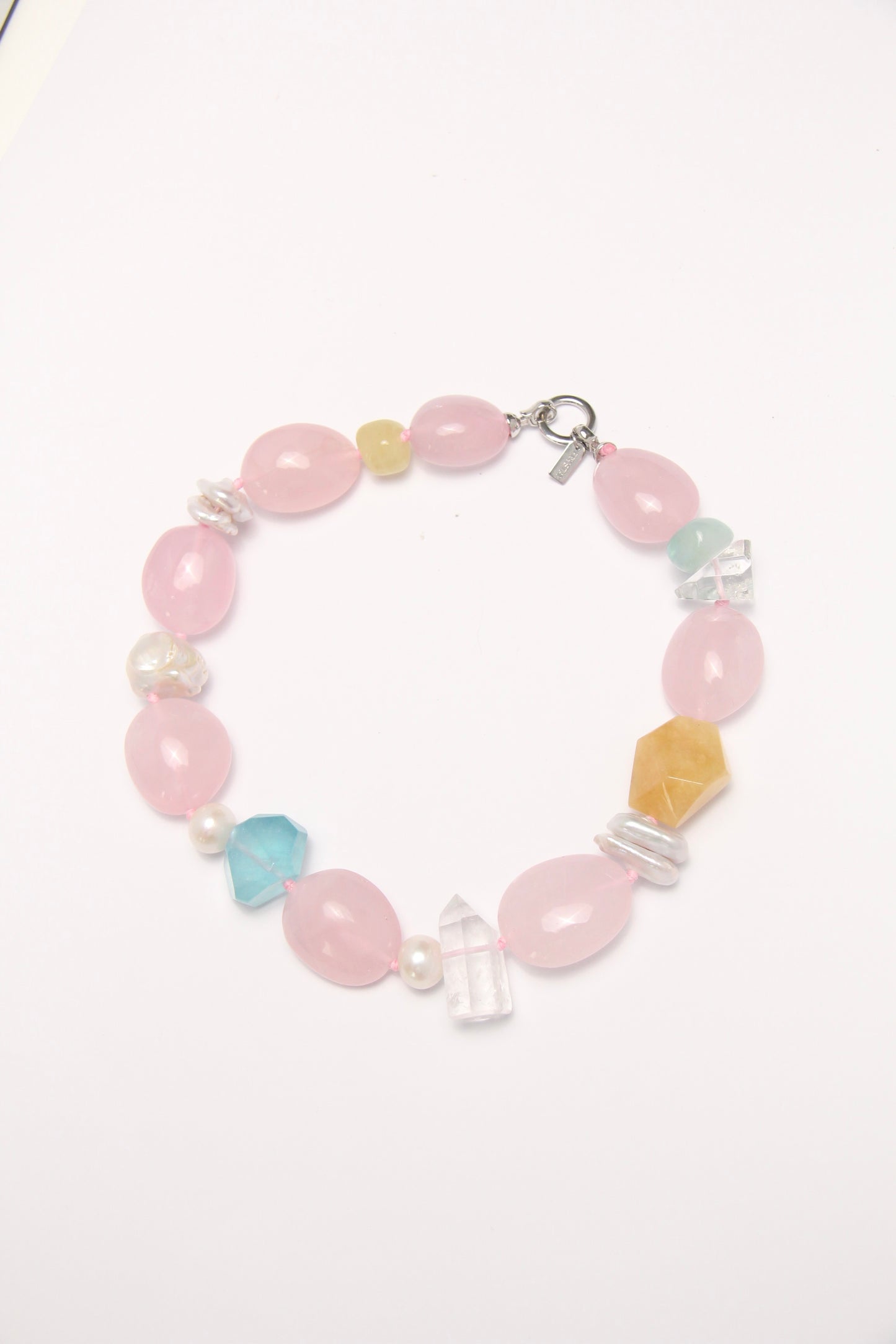 Necklace: rose quartz, aquamarine, pearls, morganite, phantom quartz