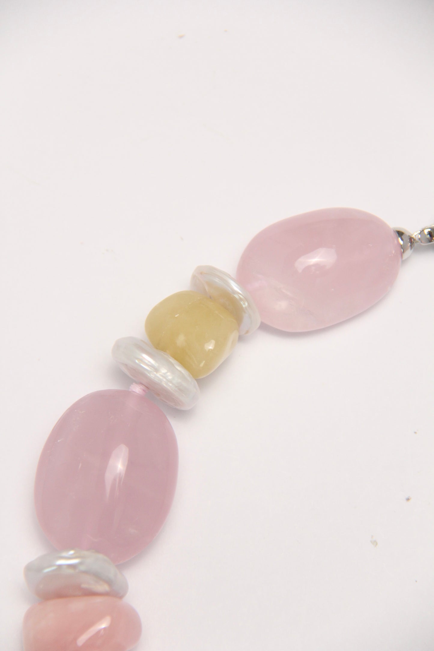 Necklace: rose quartz, morganite, pearls