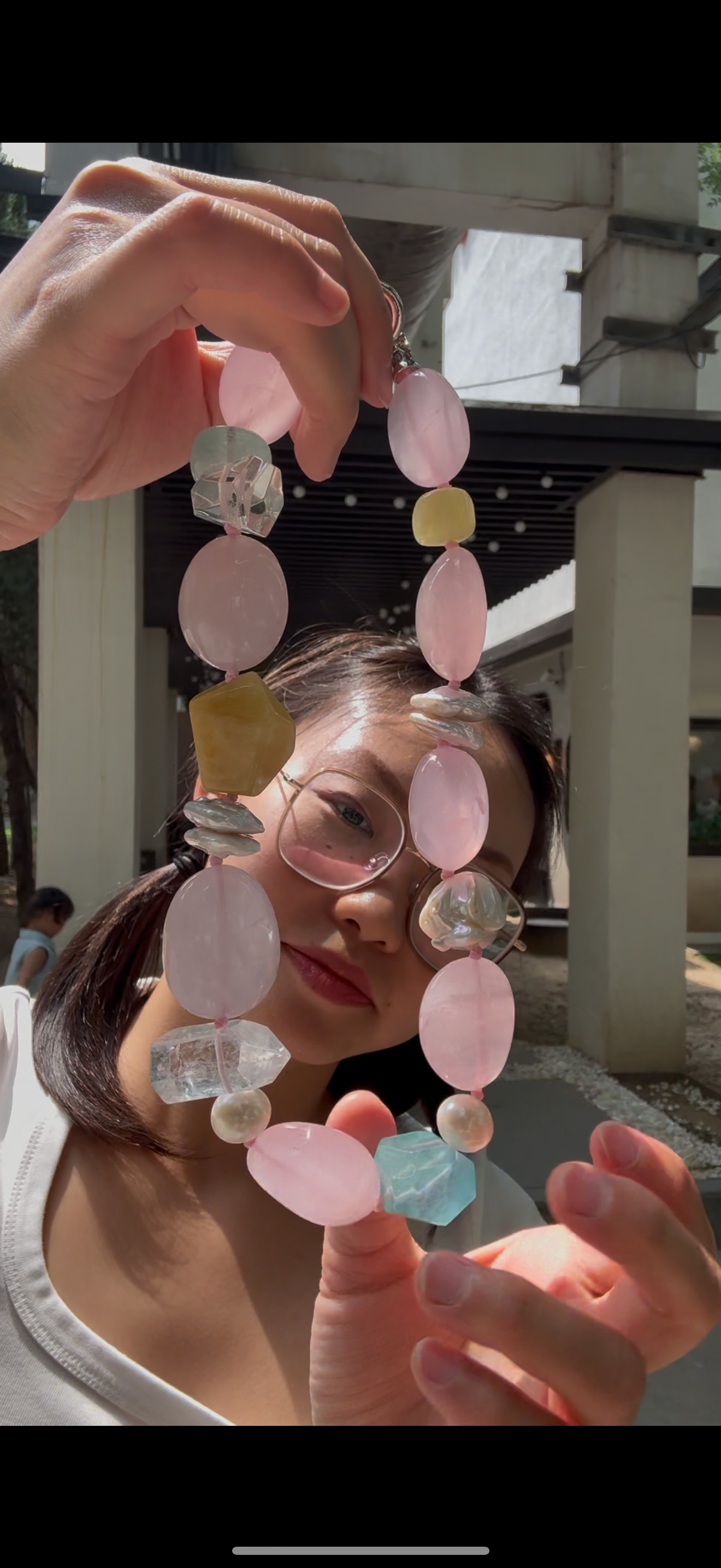 Necklace: rose quartz, aquamarine, pearls, morganite, phantom quartz