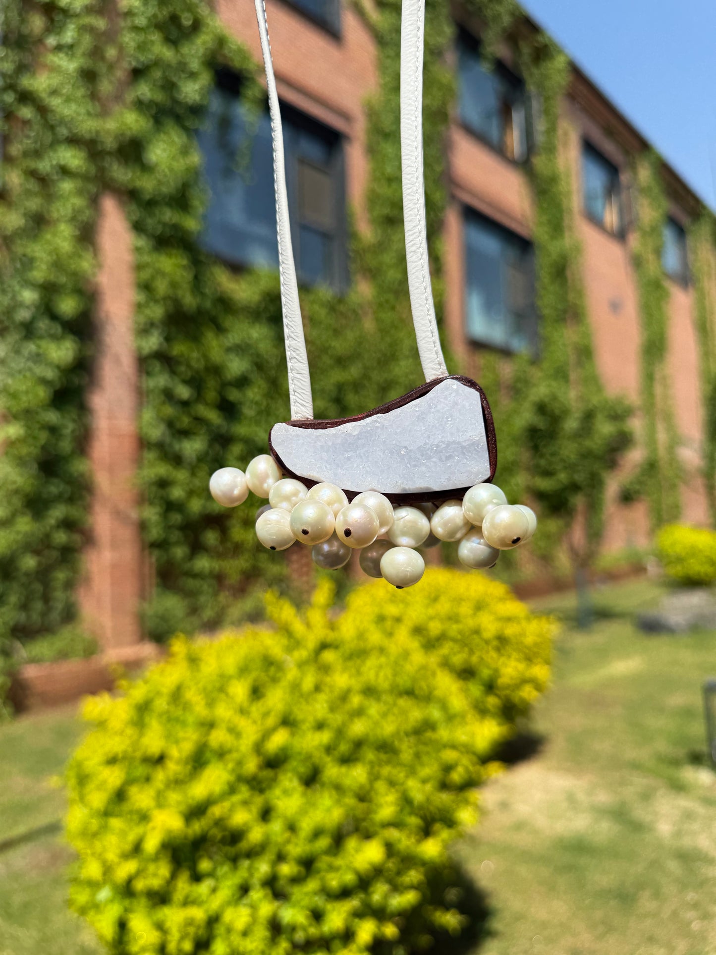 Pendant: blue lace agate, pearls, Zambia blood wood