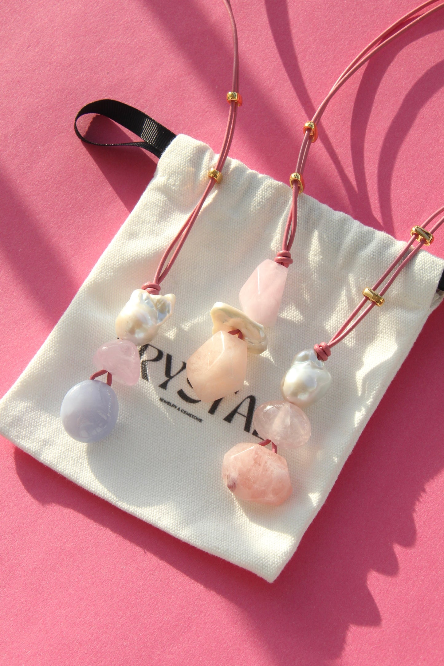 Pendant: pearl, morganite, blue lace agate