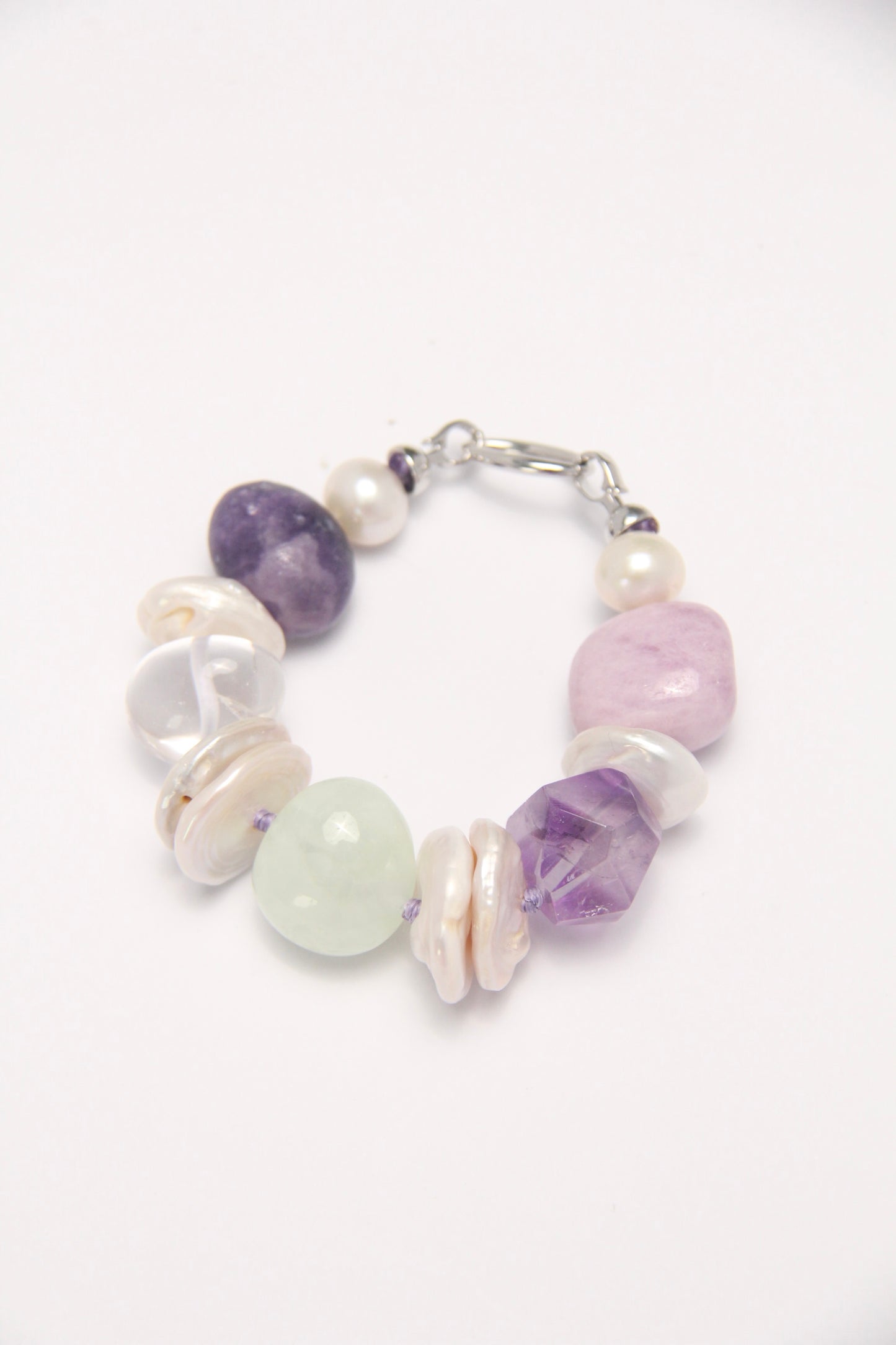 Bracelet: amethyst, kunzite, prehnite, lepidolite, quartz, pearls