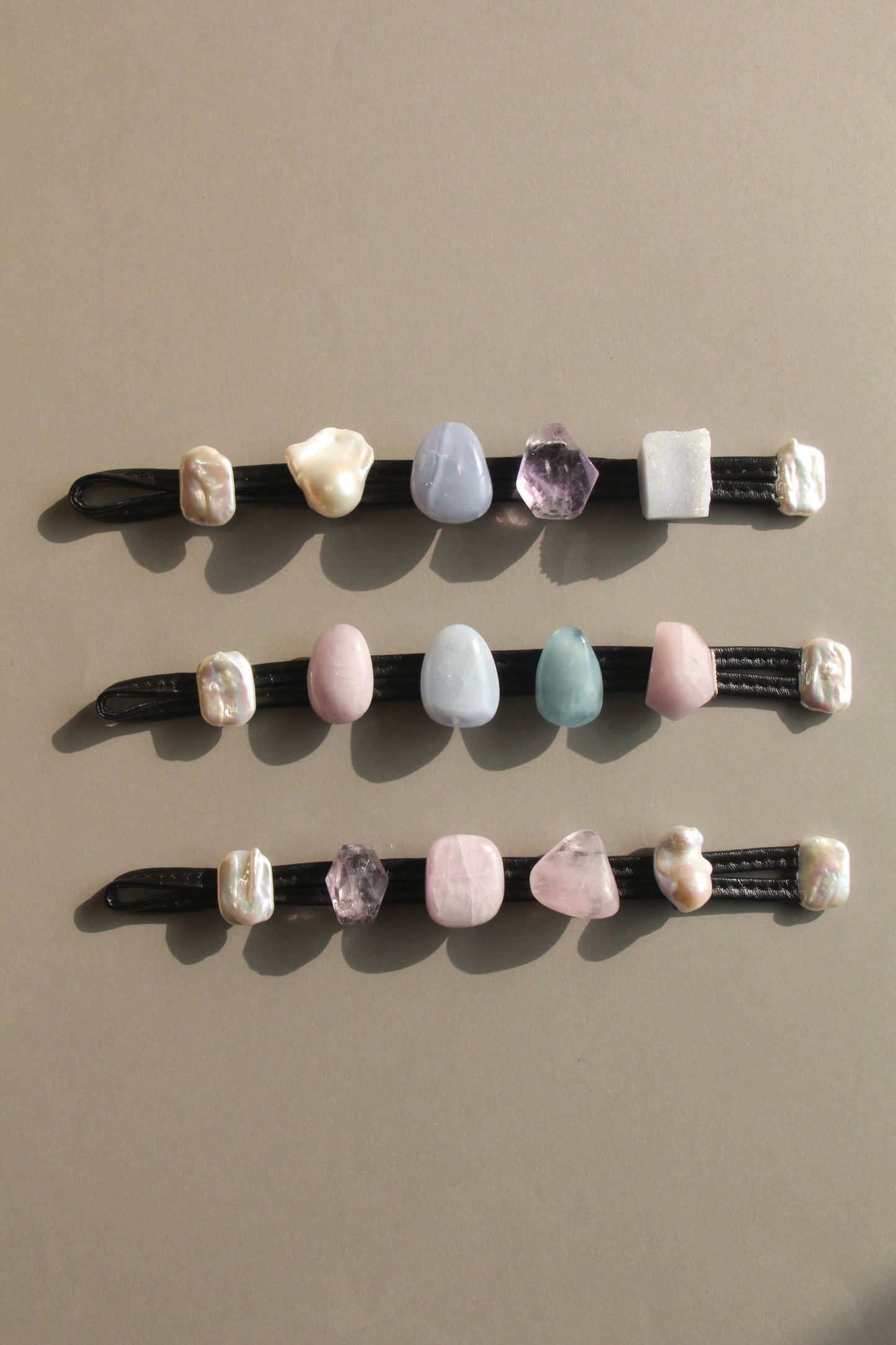 Bracelet: kunzite, blue lace agate, morganite, pearls