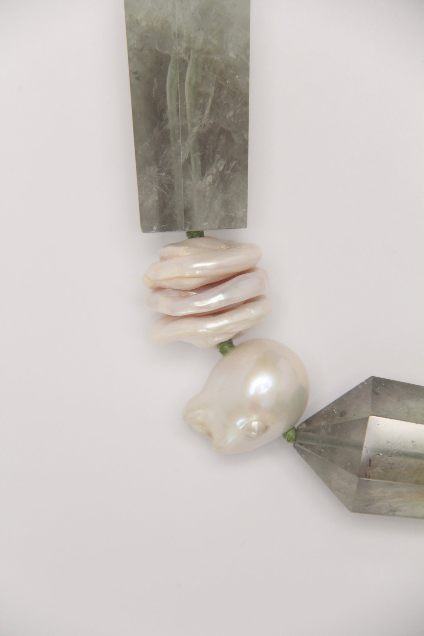 Necklace: prasem quartz, pearls