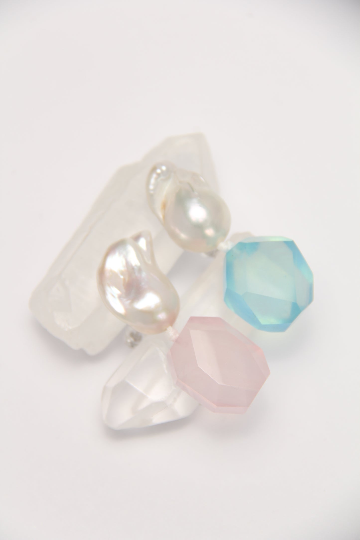 Earrings: pearls, aquamarine, rose quartz