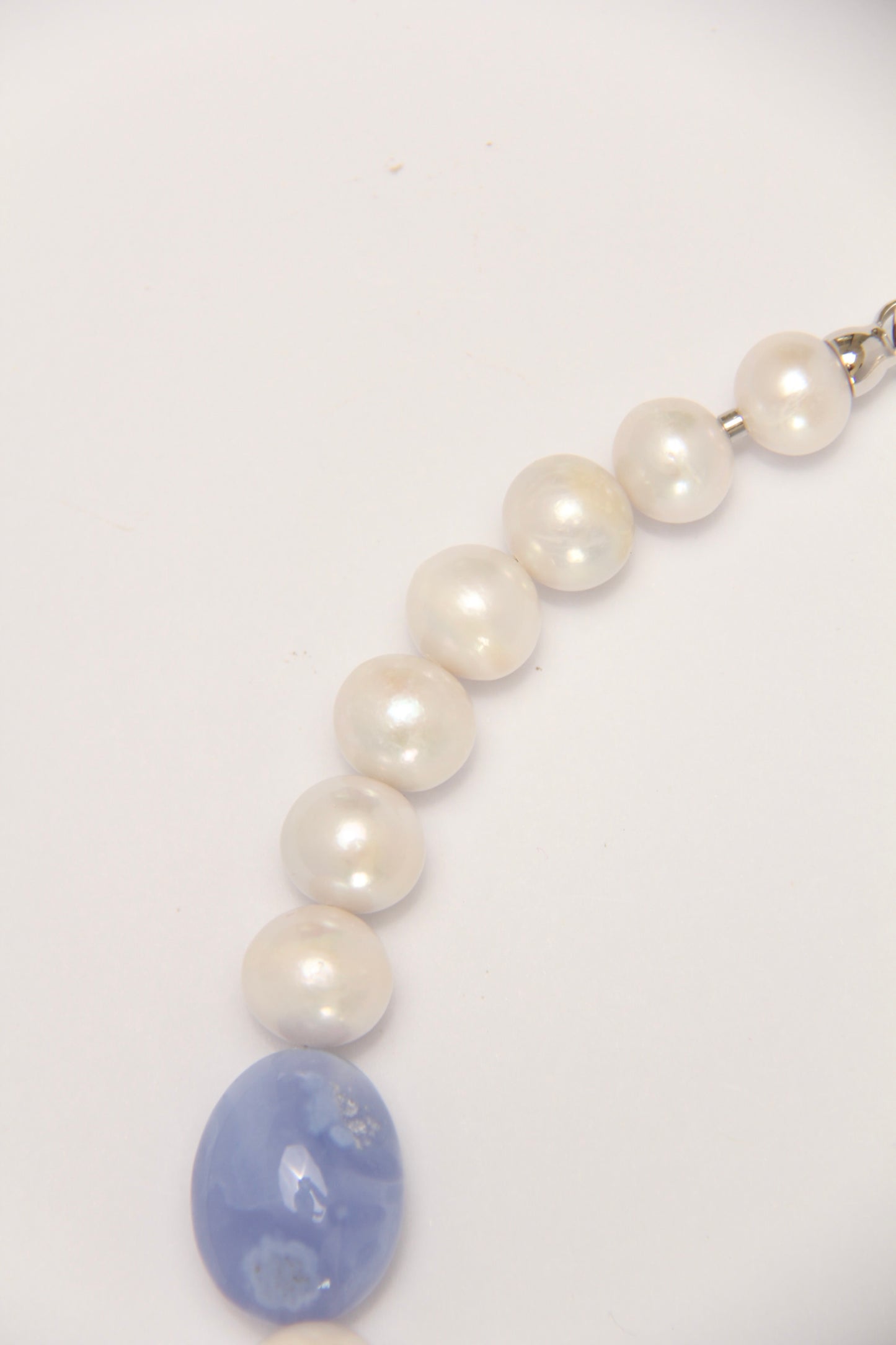 Necklace: pearls, aquamarine, blue lace agate, quartz
