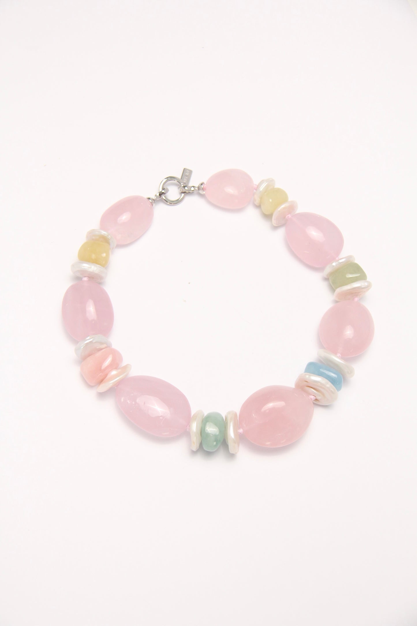 Necklace: rose quartz, morganite, pearls