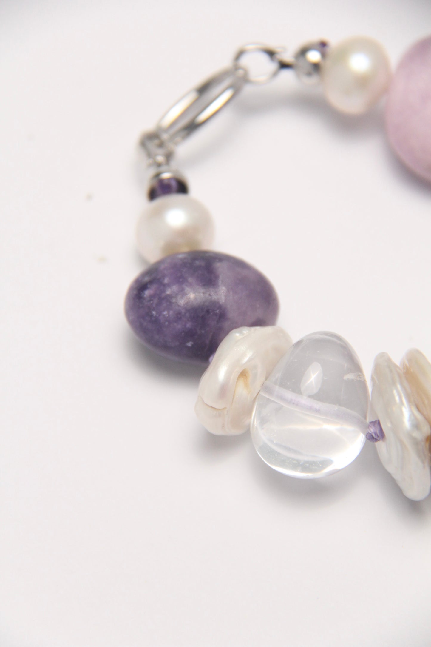 Bracelet: amethyst, kunzite, prehnite, lepidolite, quartz, pearls