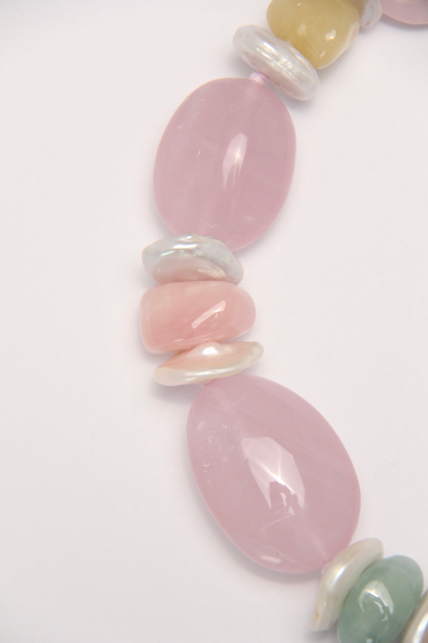 Necklace: rose quartz, morganite, pearls