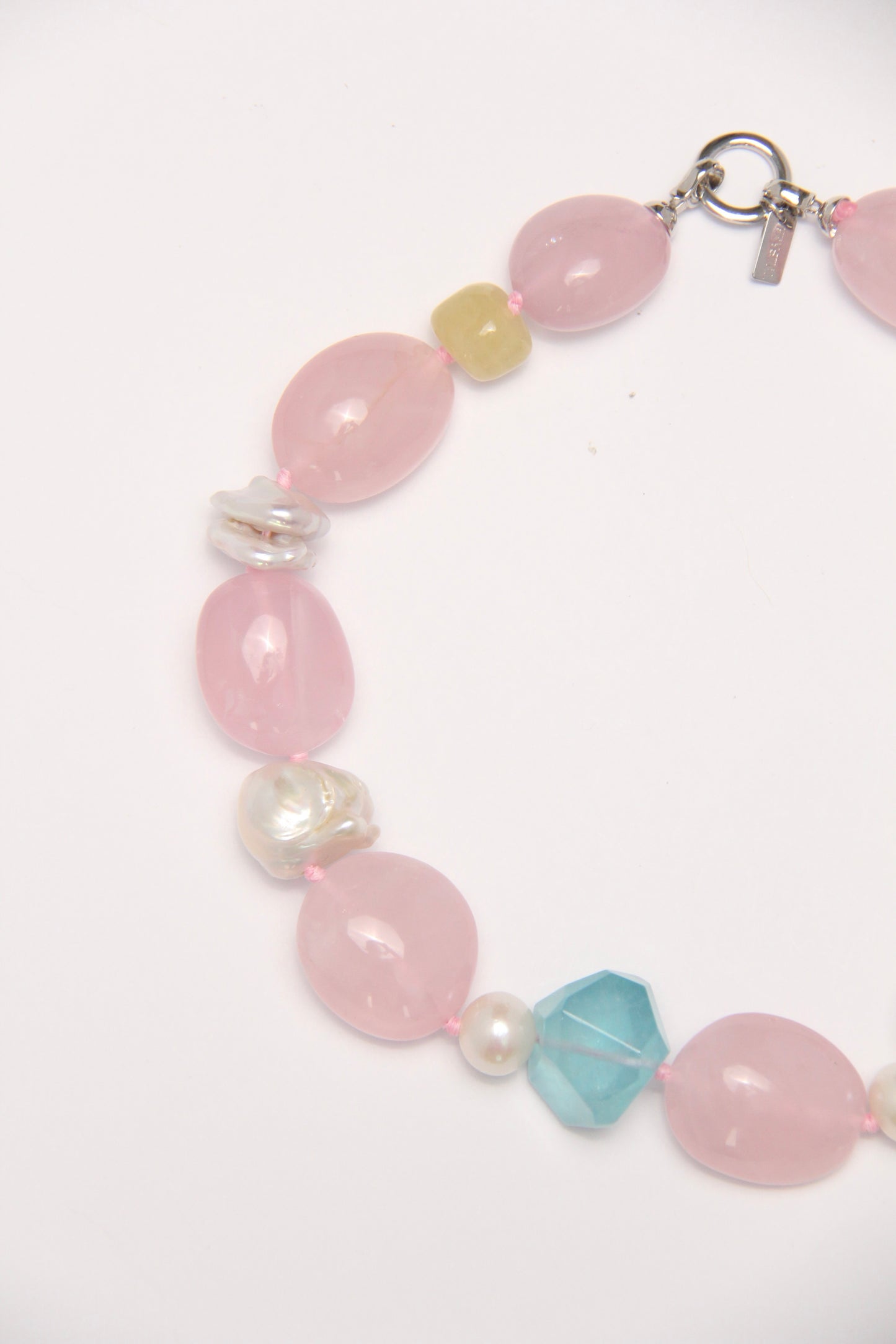 Necklace: rose quartz, aquamarine, pearls, morganite, phantom quartz