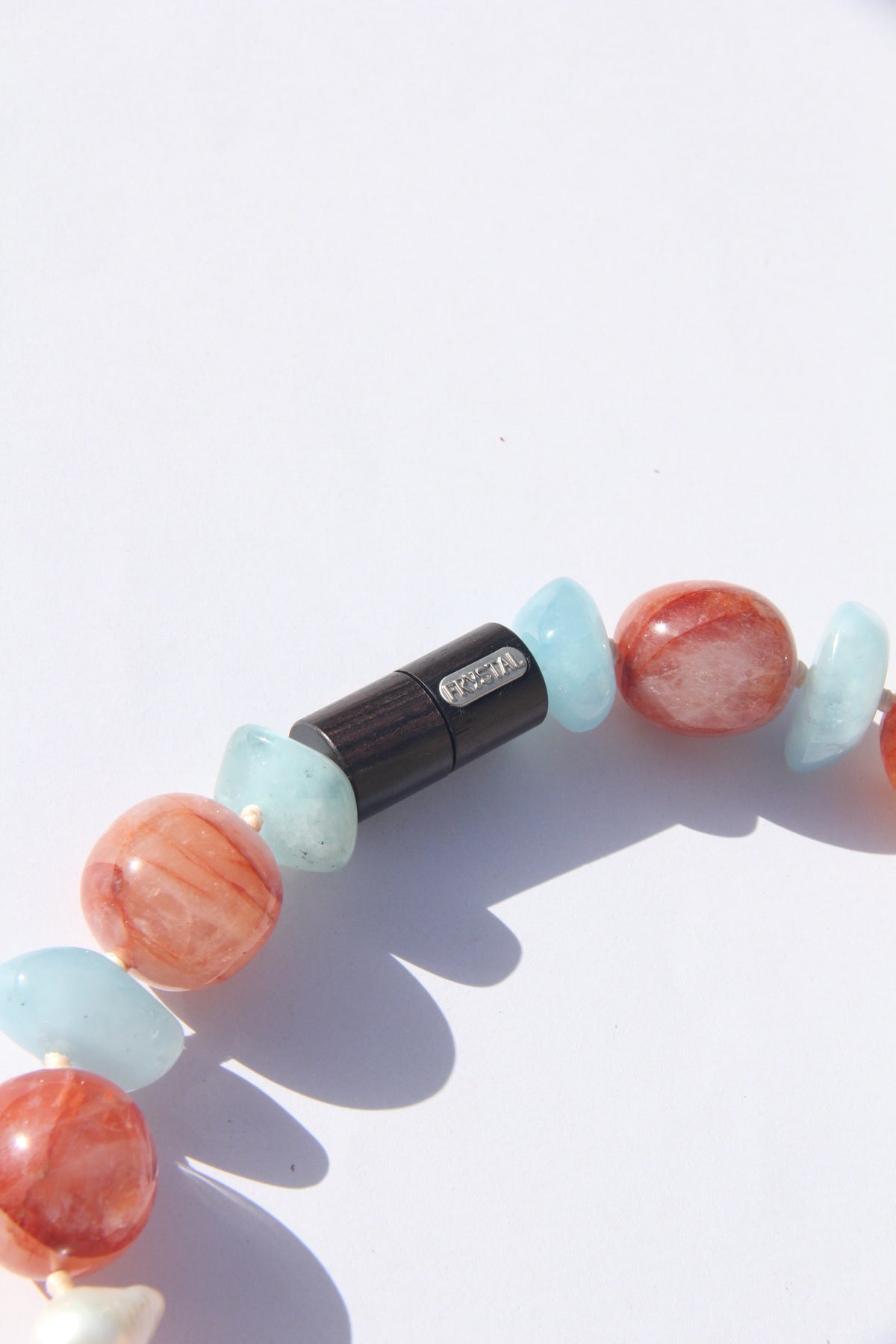 Necklace: morganite, quartz, pearls