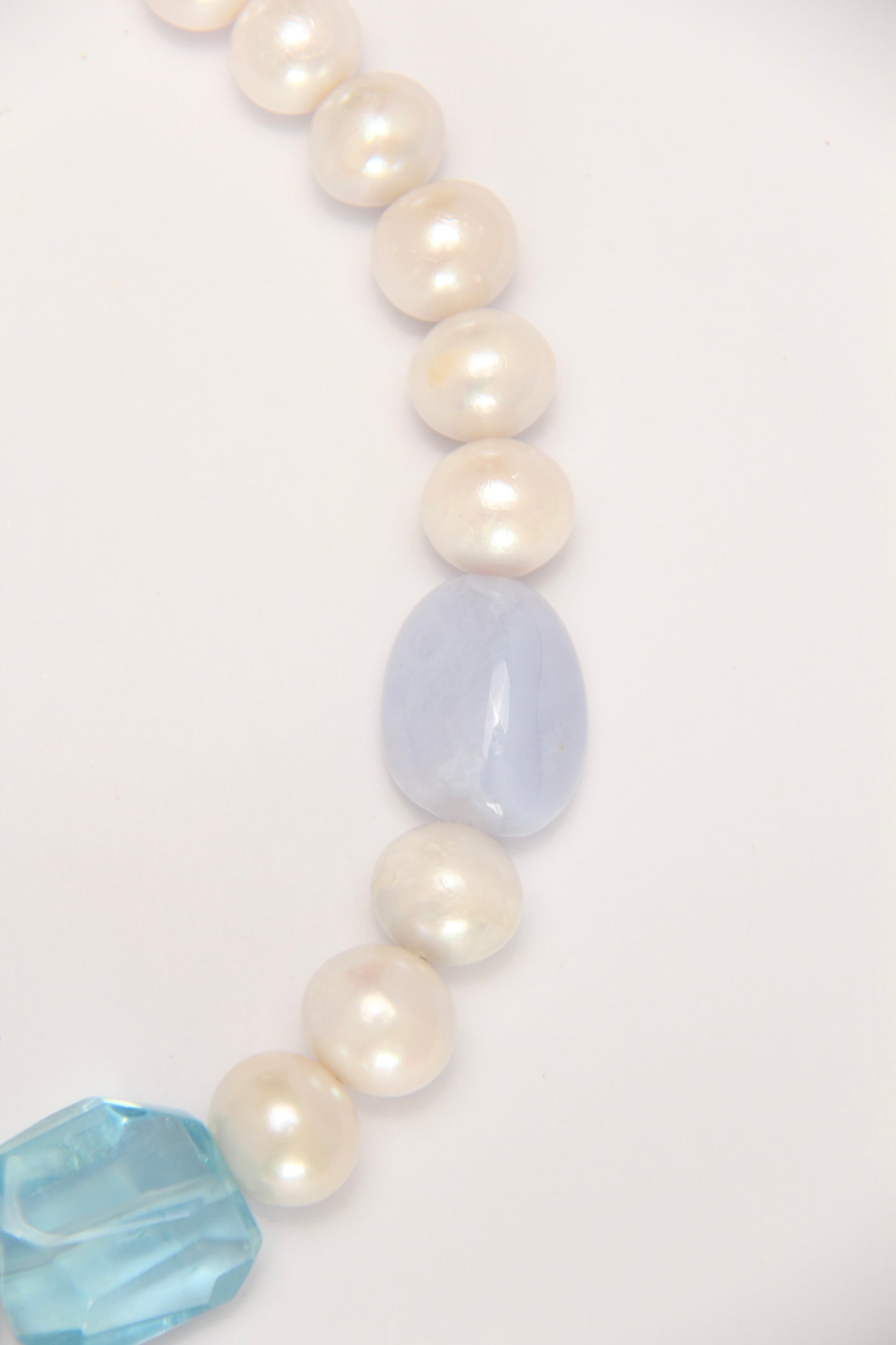 Necklace: pearls, aquamarine, blue lace agate, quartz