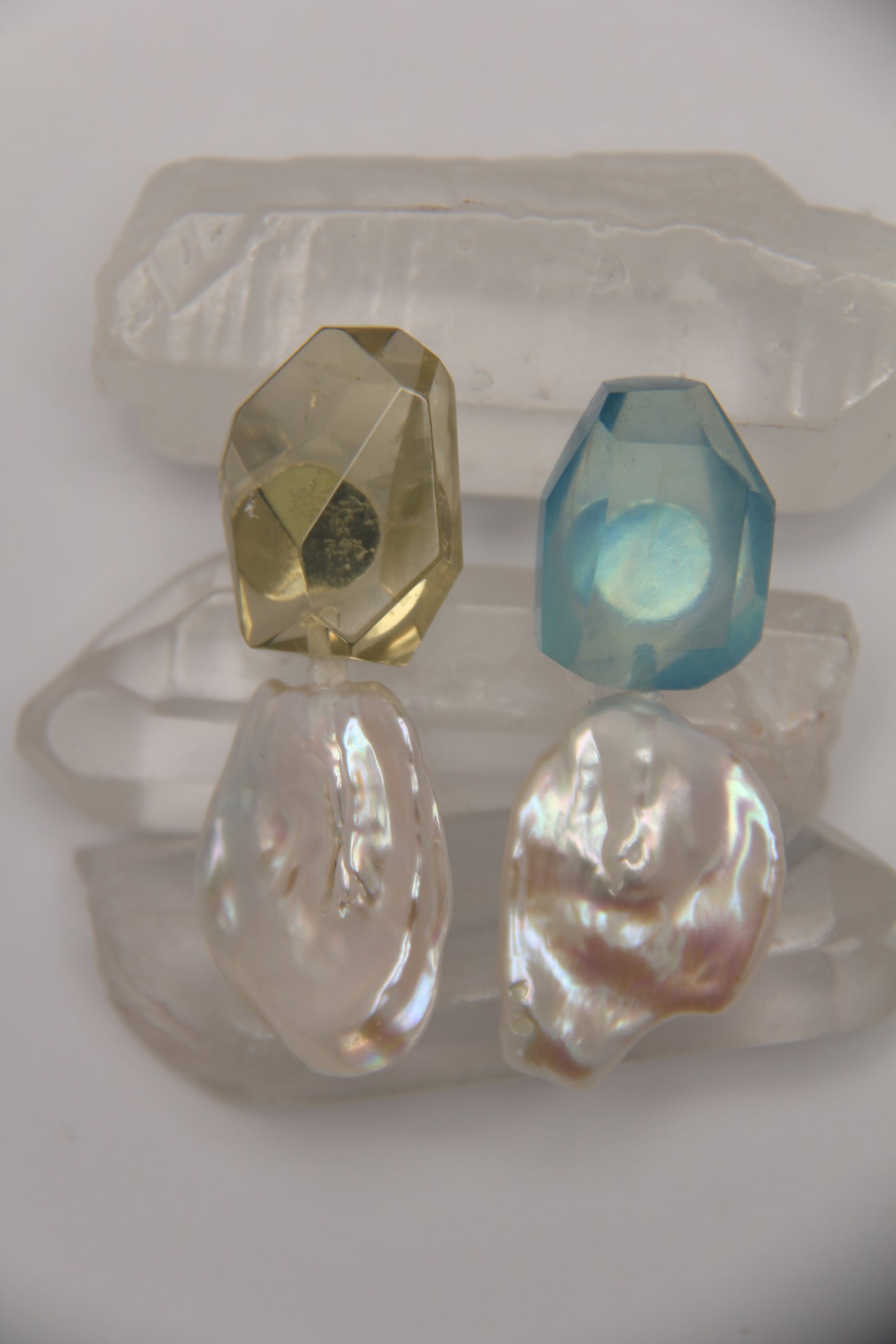 Earrings: pearls, aquamarine, citrine