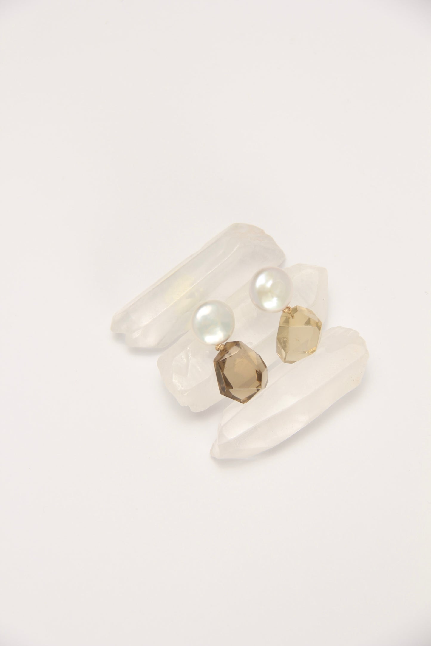 Earrings: pearls, smoky quartz, citrine