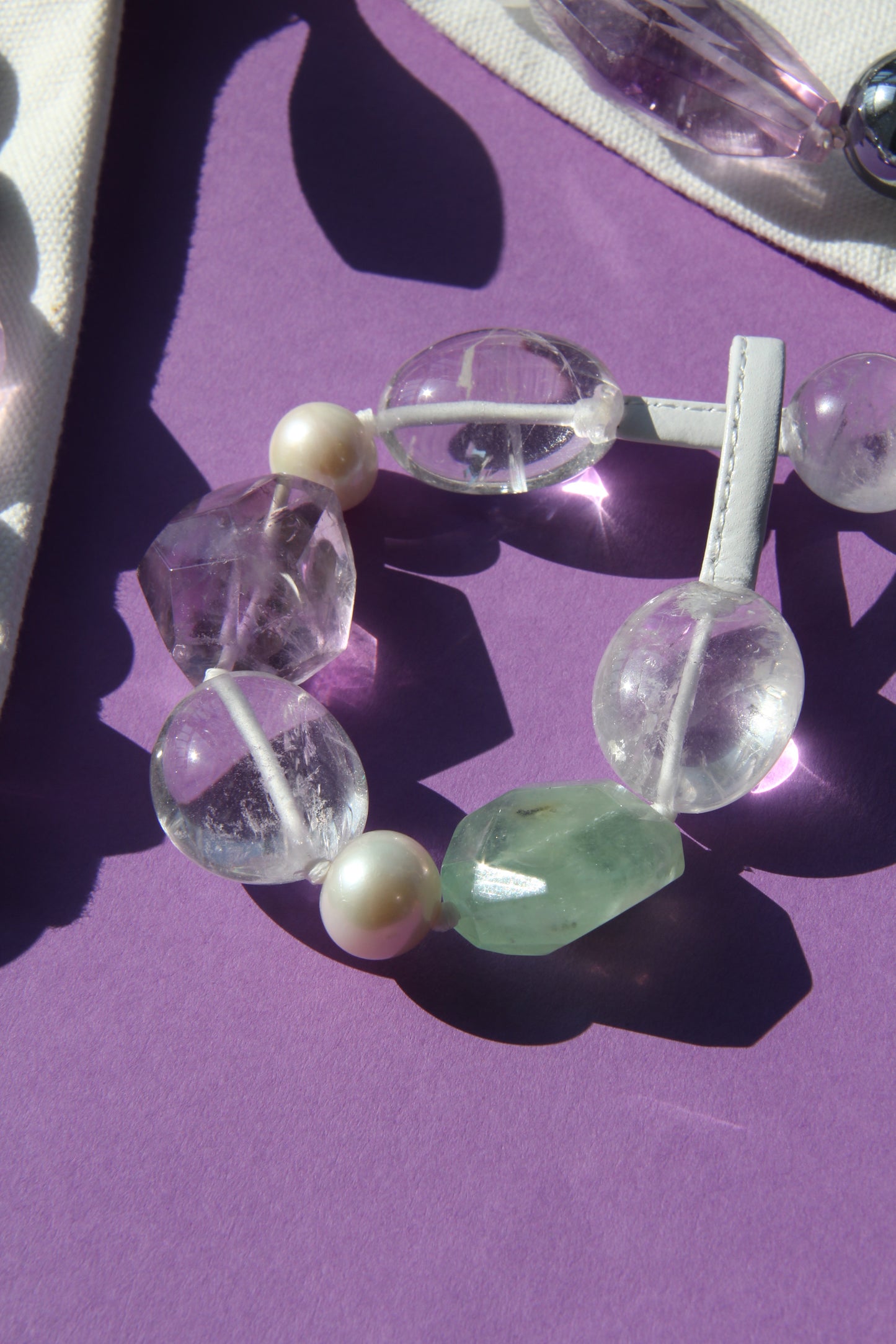 Bracelet: amethyst, morganite, quartz, pearls