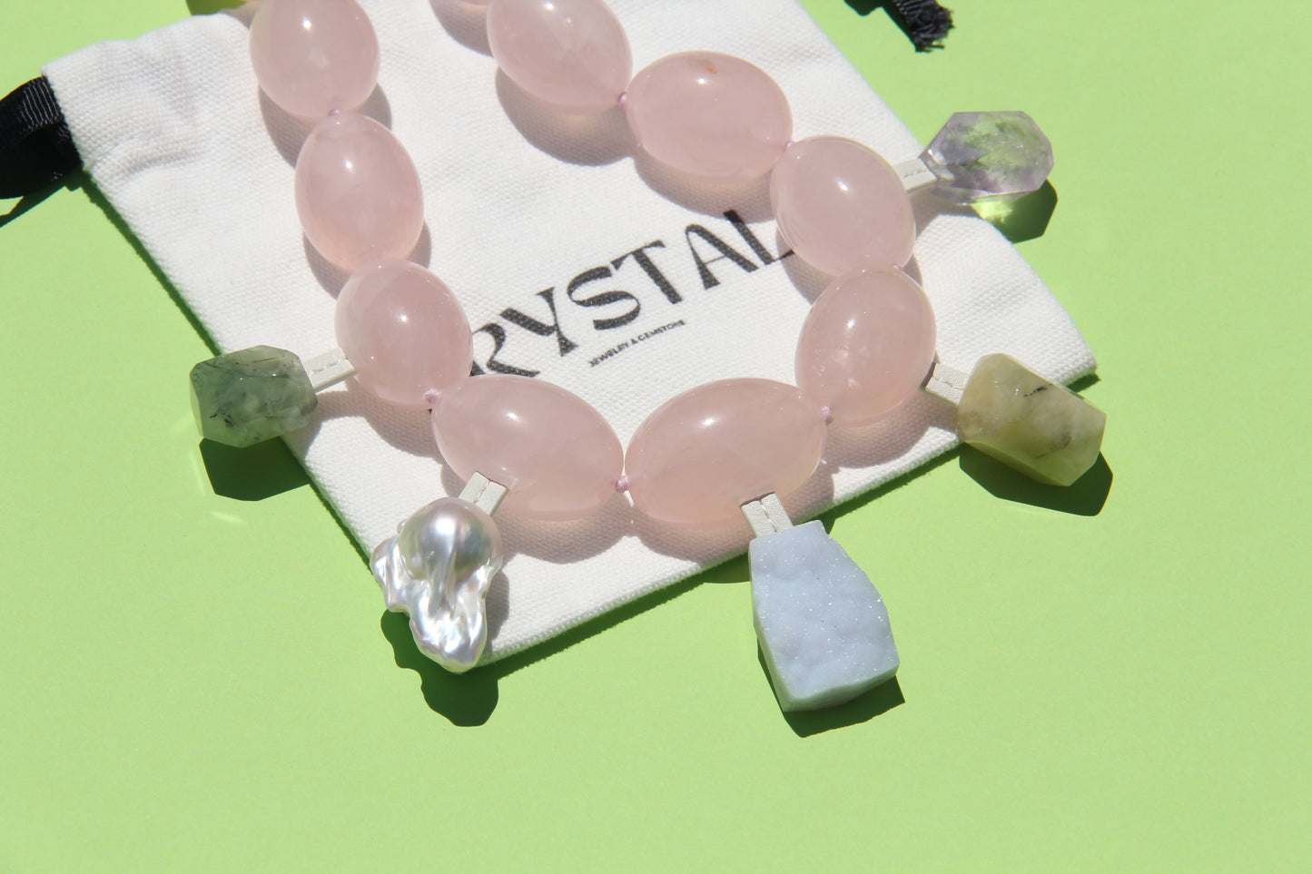 Charms: rose quartz, prehnite, pearl, blue lace agate, amethyst, morganite