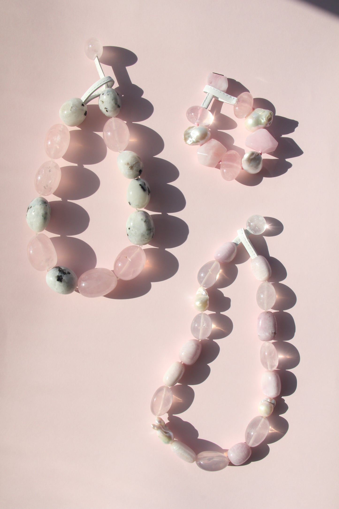 Bracelet: rose quartz, morganite, pearls