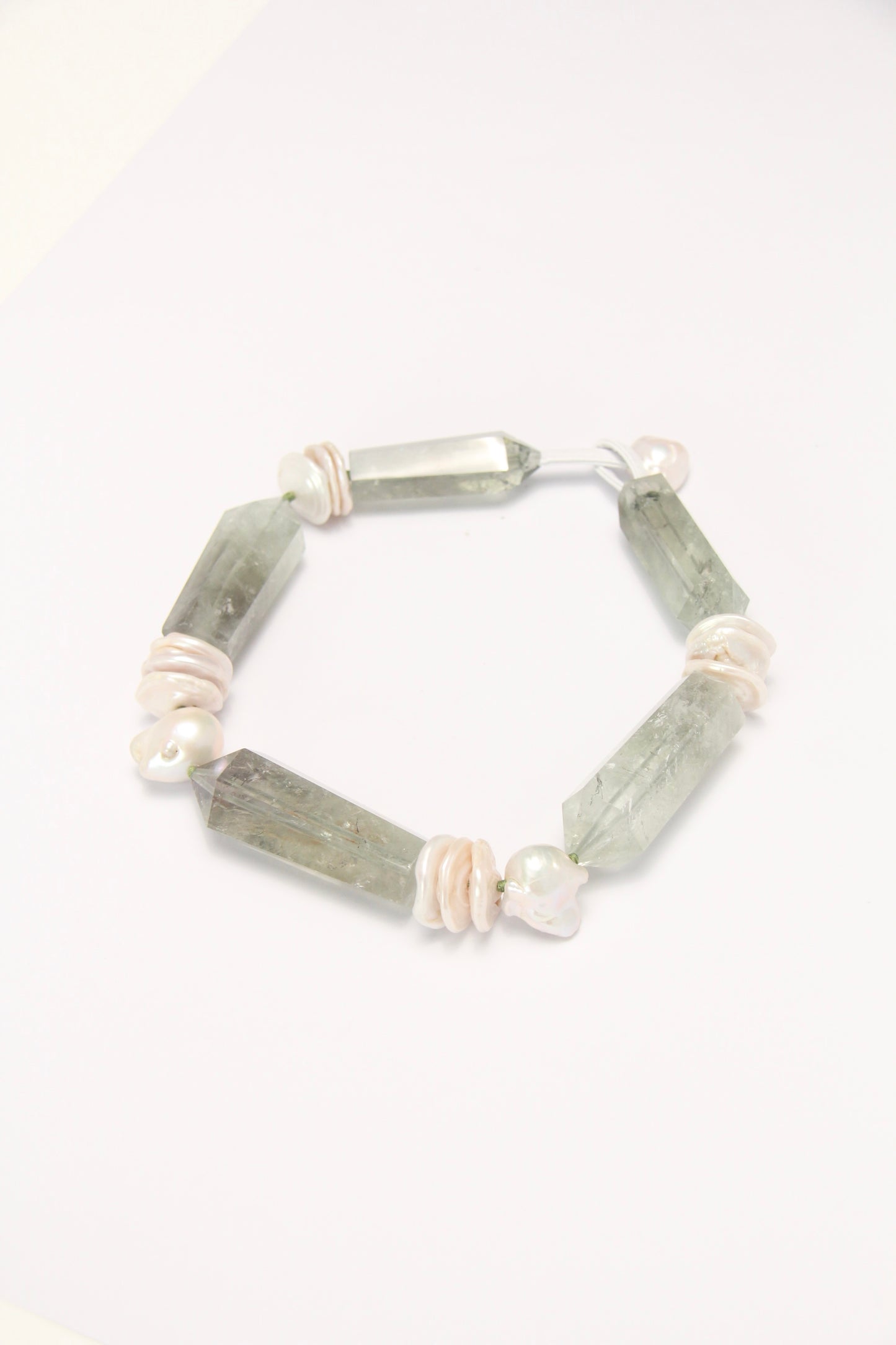 Necklace: prasem quartz, pearls