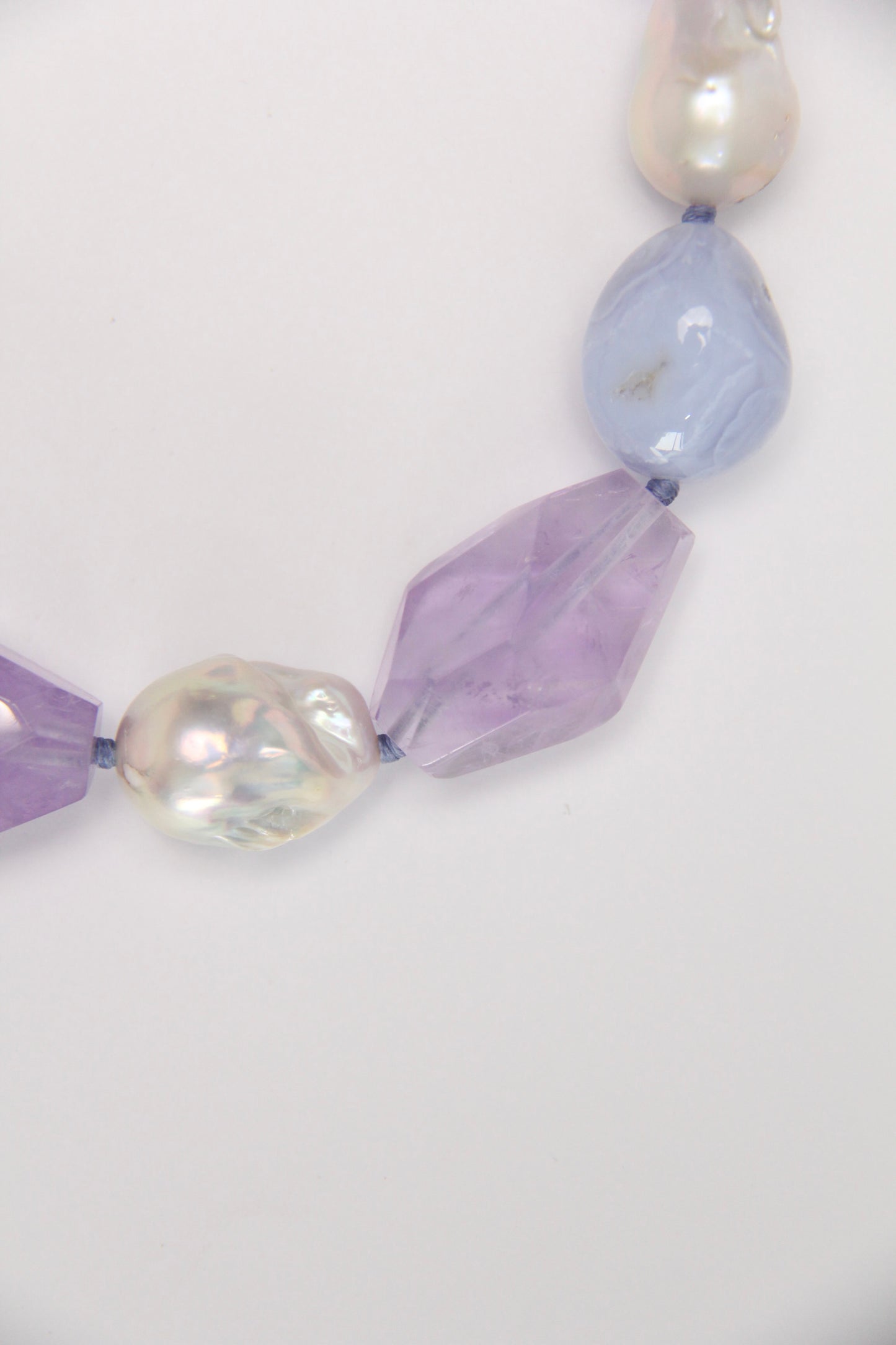 Necklace: blue lace agate, amethyst, pearls