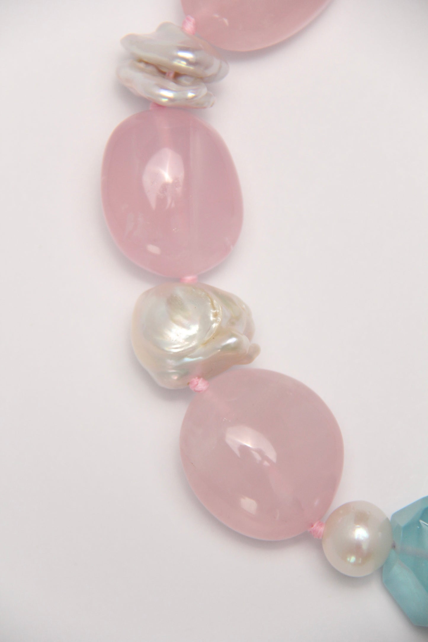 Necklace: rose quartz, aquamarine, pearls, morganite, phantom quartz