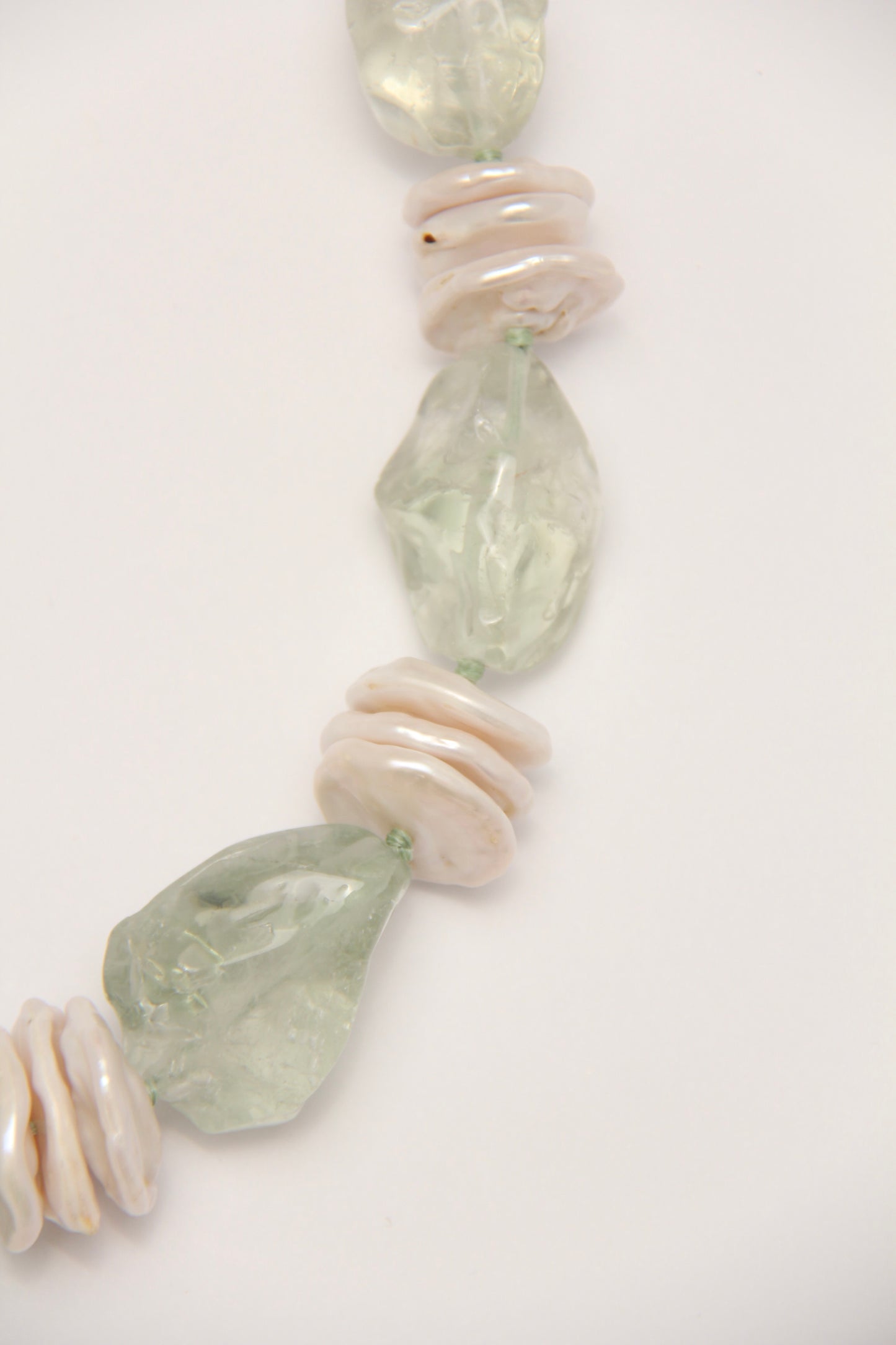 Necklace: pearls, prasem quartz