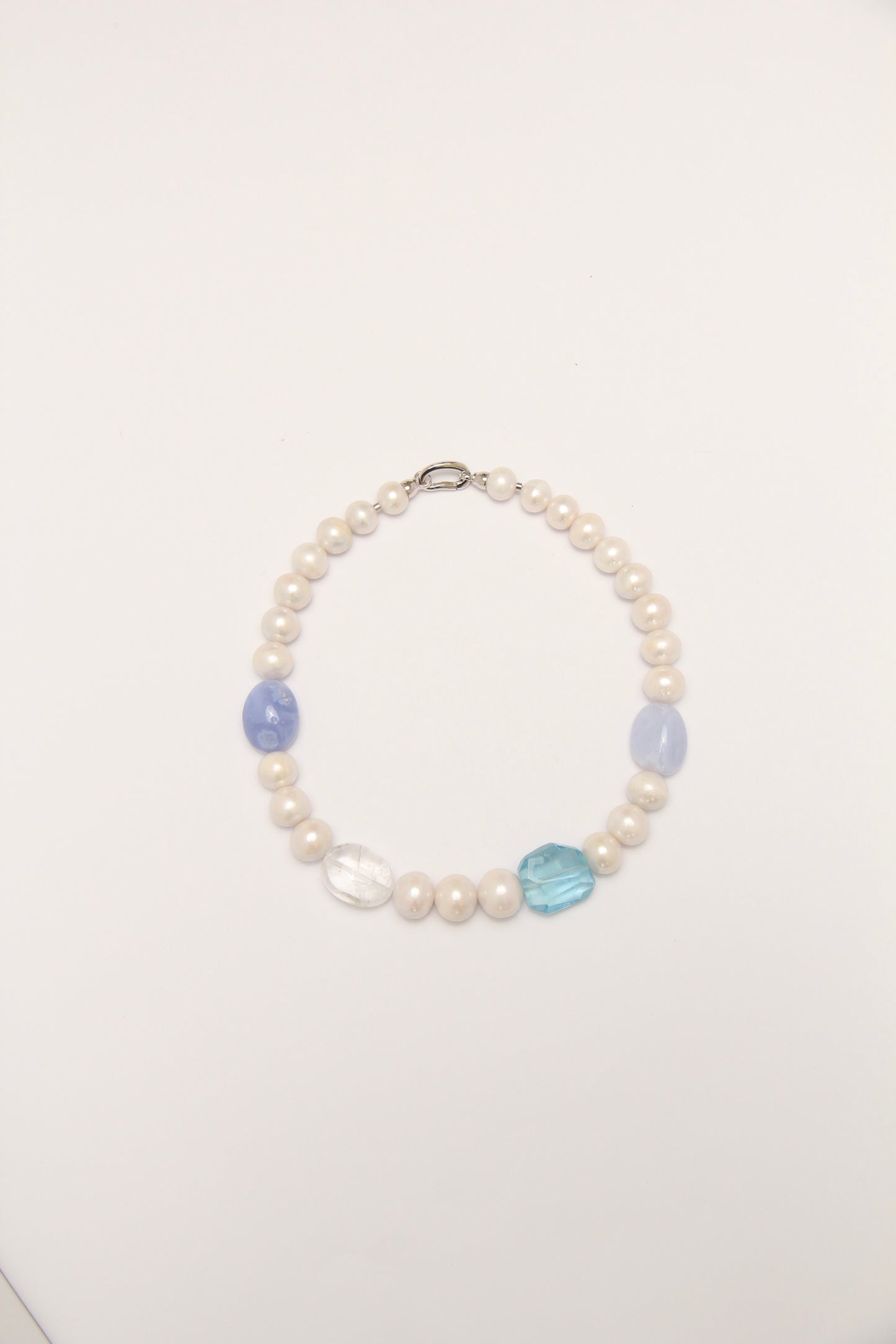 Necklace: pearls, aquamarine, blue lace agate, quartz