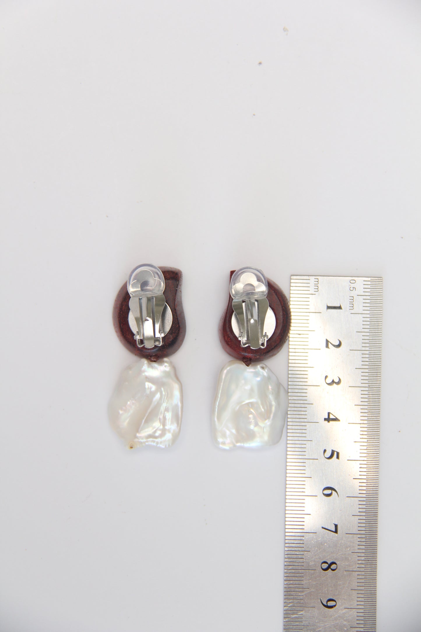 Earrings: ammonite, Zambia blood wood, pearls