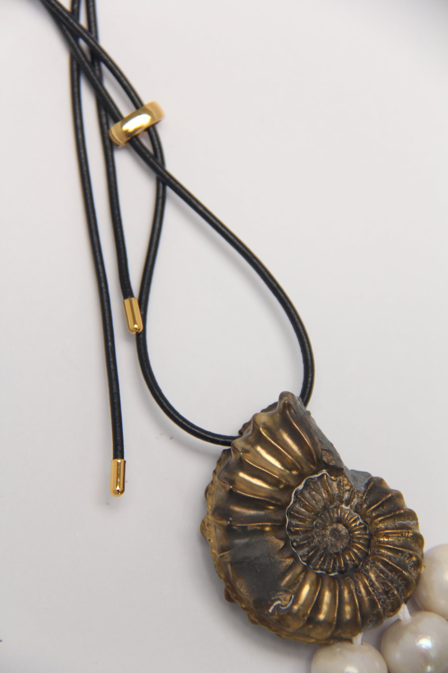 Pendant: Natural Genuine Pyrite Replaced Pleuroceras Ammonite from Germany, pearls