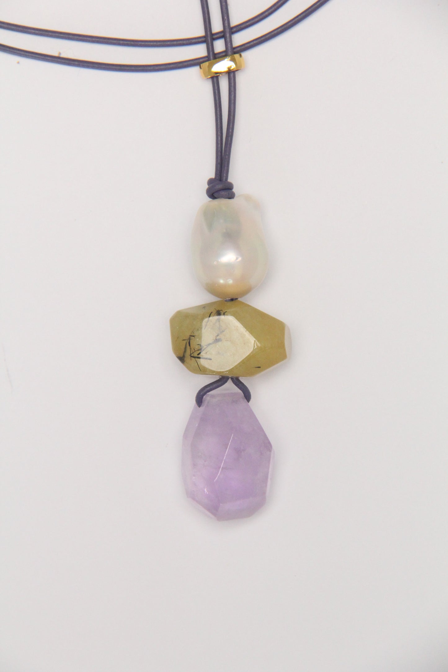 Pendant: pearls, morgnite, amethyst