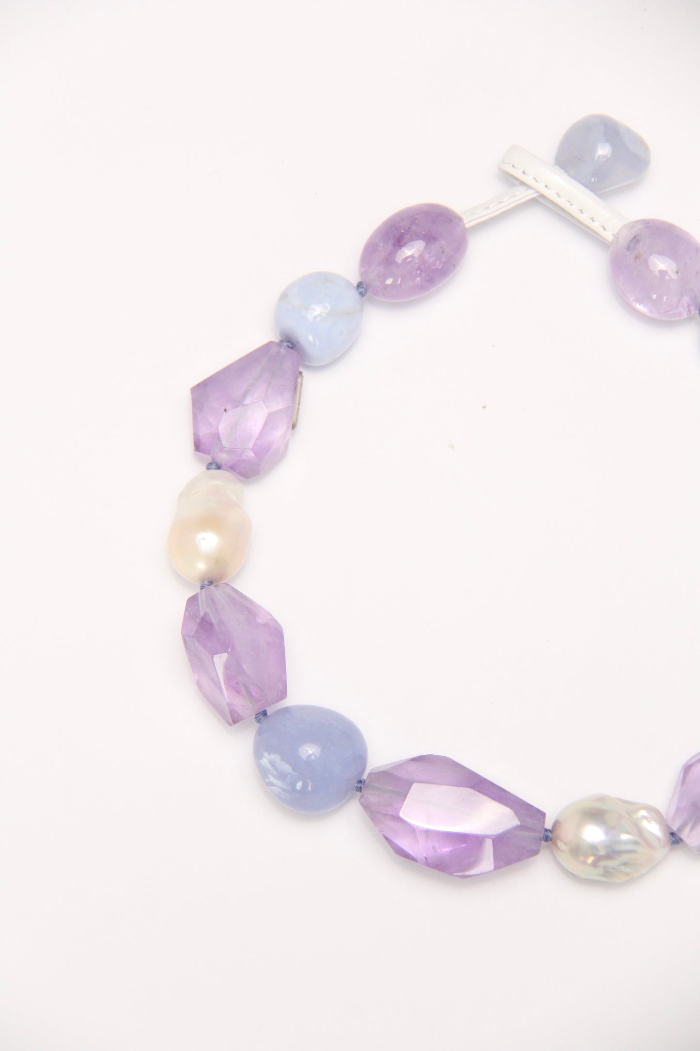 Necklace: blue lace agate, amethyst, pearls