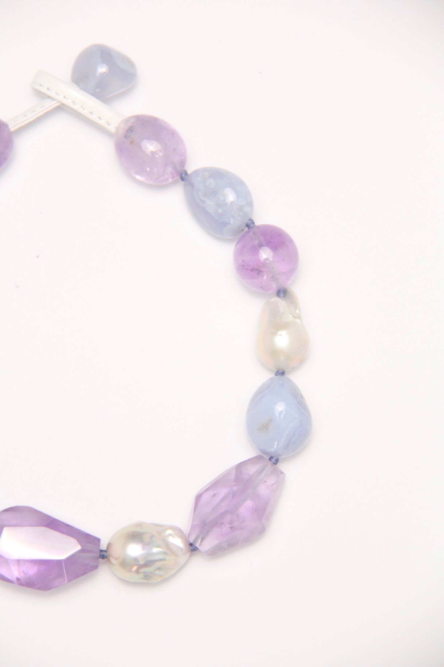 Necklace: blue lace agate, amethyst, pearls