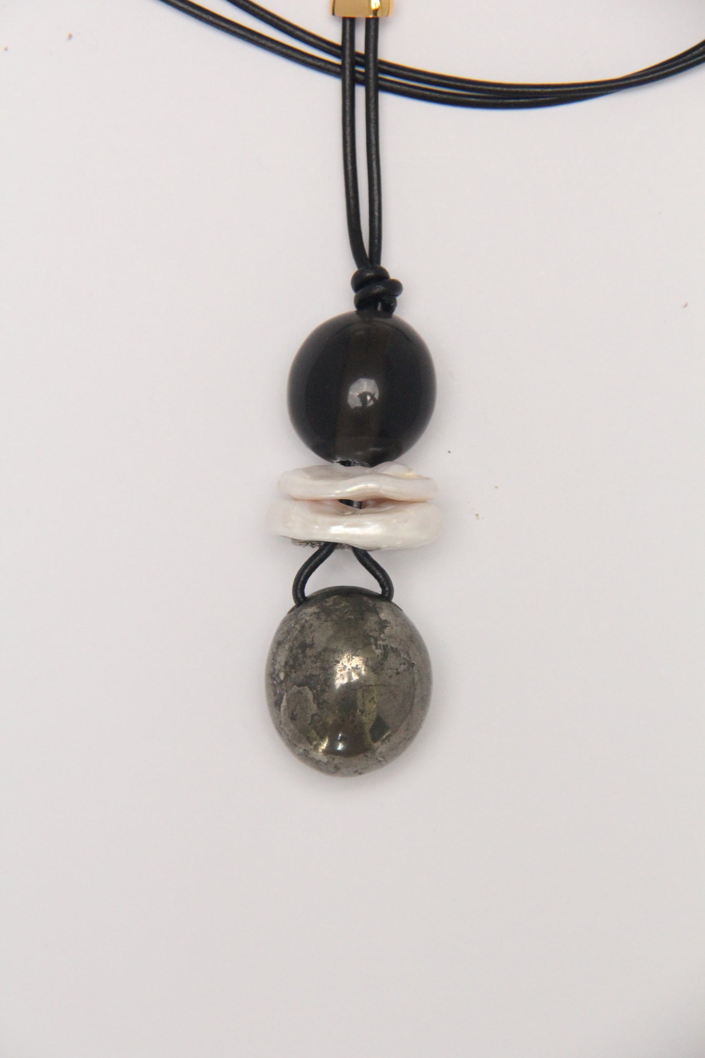 Pendant: obsidian, pearls, chalcopyrite