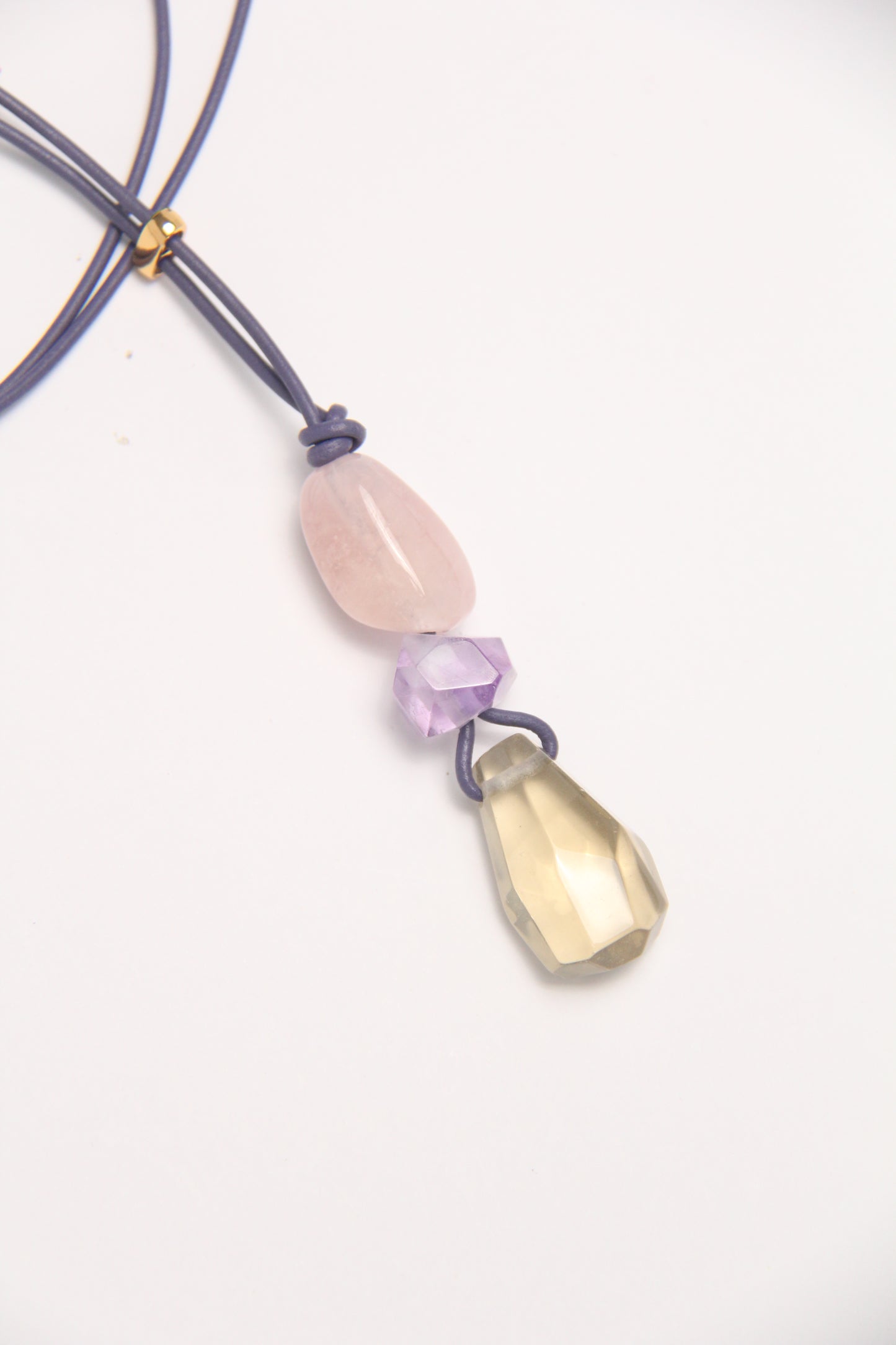 Pendant: morganite, amethyst, citrine, leather