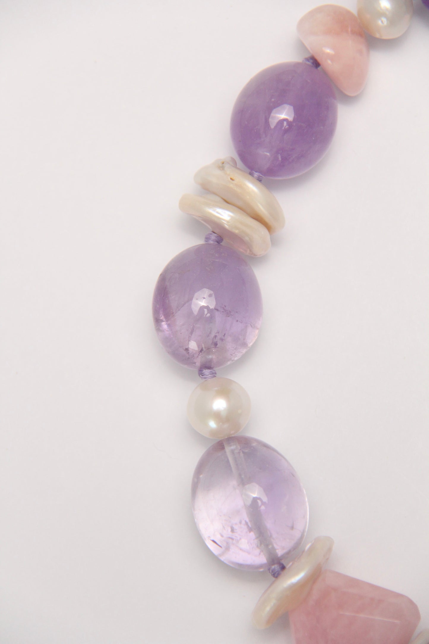 Necklace: amethyst, morganite, aquamarine, pearls