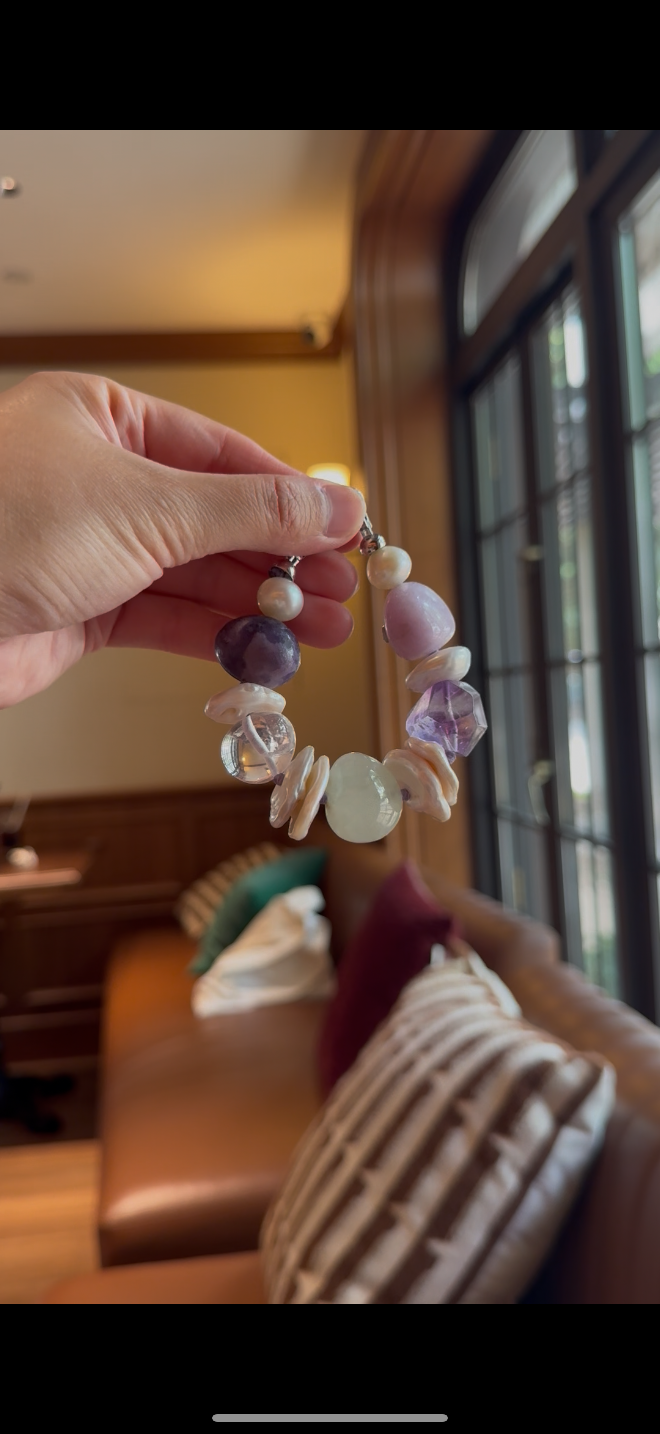 Bracelet: amethyst, kunzite, prehnite, lepidolite, quartz, pearls