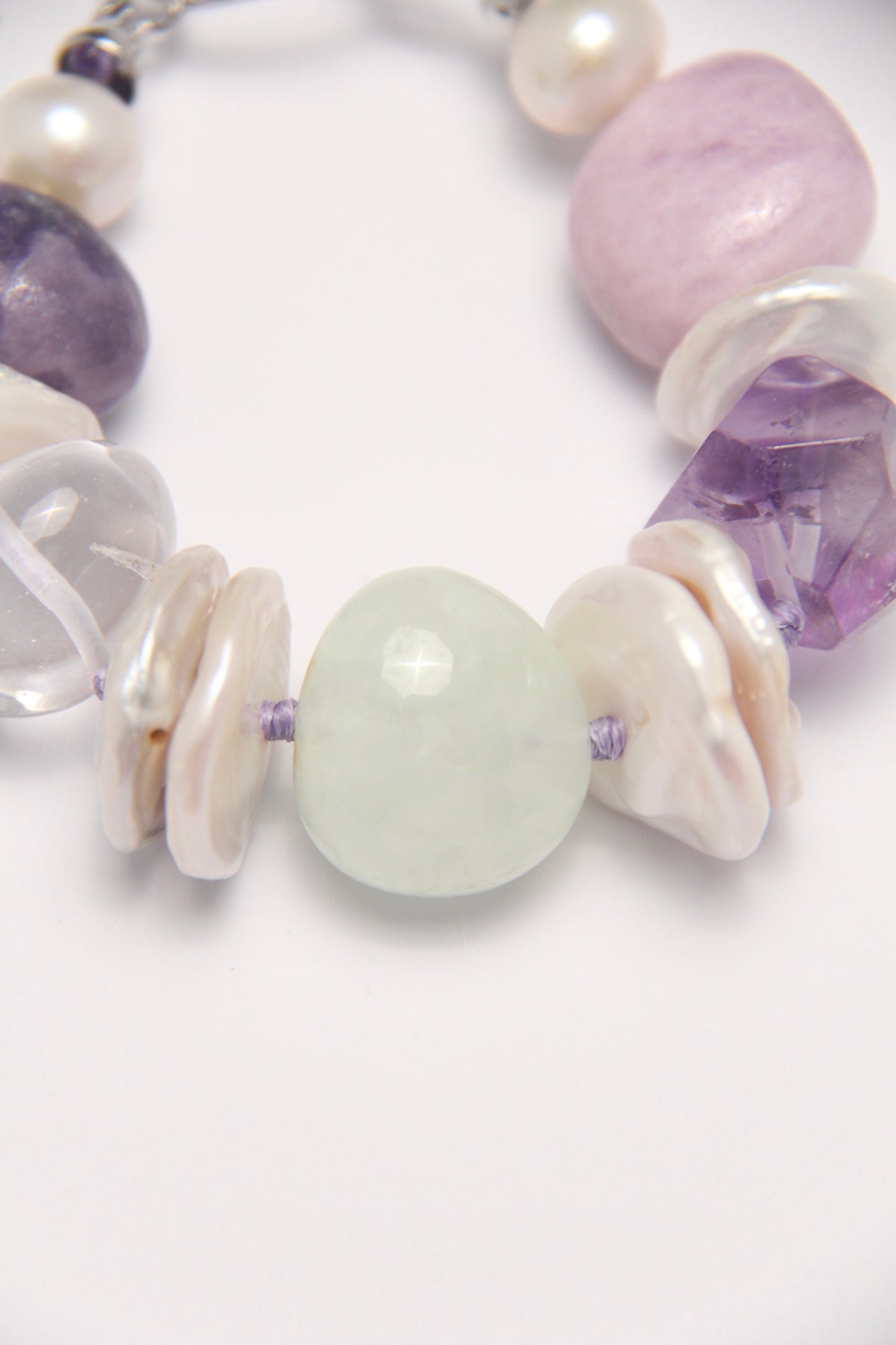 Bracelet: amethyst, kunzite, prehnite, lepidolite, quartz, pearls